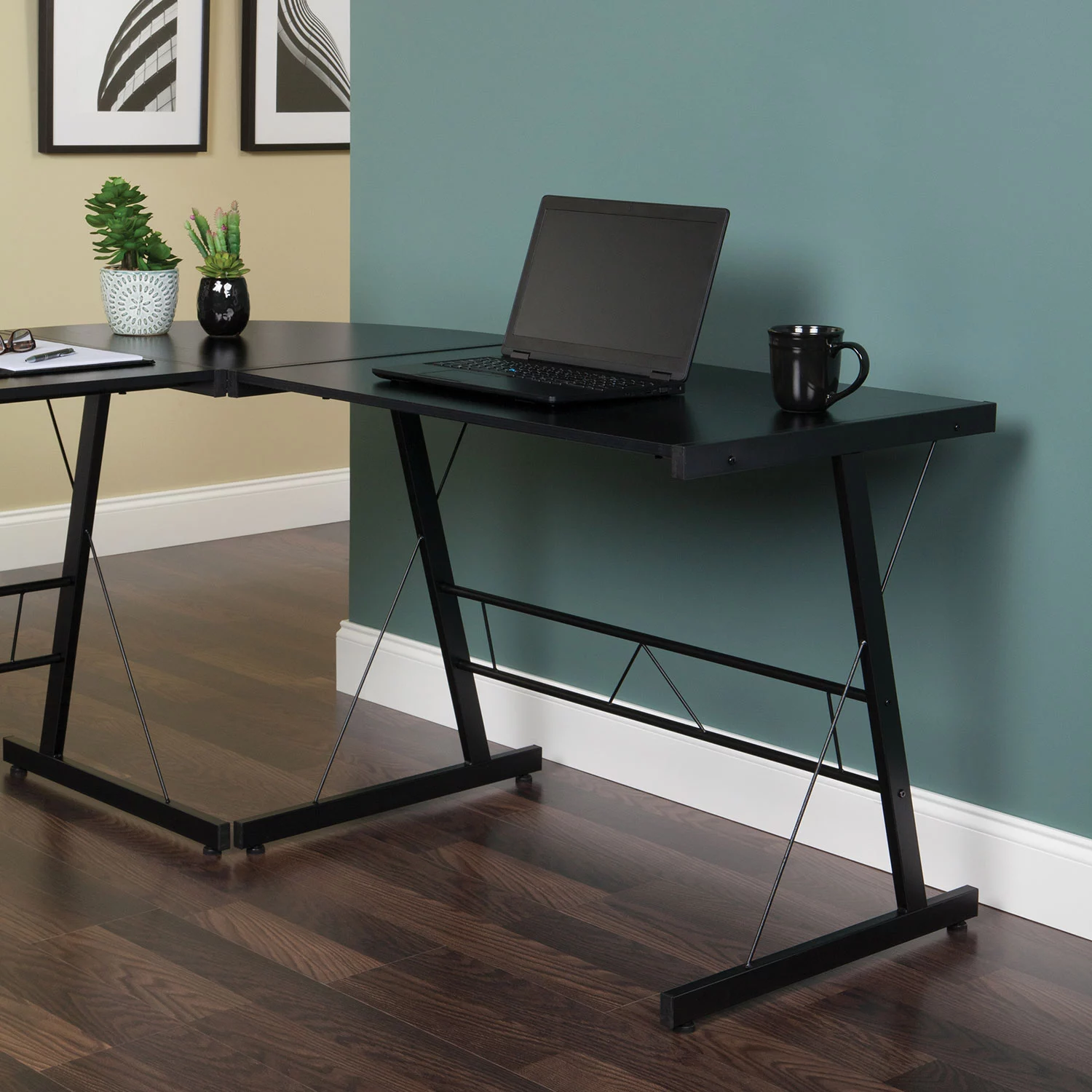 OFM Essentials Collection 60″ Metal Frame L-Shaped Desk. Corner Computer Desk. in Black (ESS-1021-BLK-BLK)