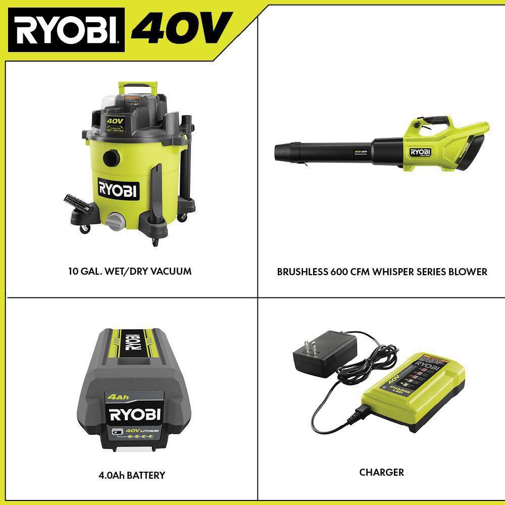 RYOBI RY40WD01K-RY404013BTLVNM 40V 10 Gal. Cordless Wet/Dry Vacuum with 40V HP Brushless Whisper Series Leaf Blower. 4.0 Ah Battery. and Charger
