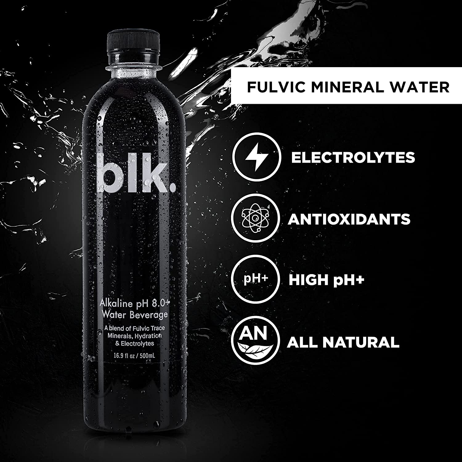 blk. Natural Mineral Alkaline Water. ph8+ Bioavailable Fulvic & Humic Acid Extract. 16.9oz 12pk