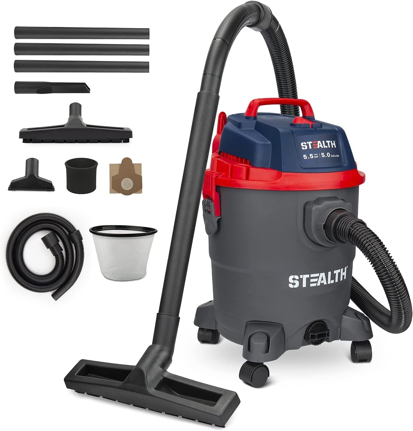 Stealth Wet/Dry Vacuum 5 Gallon. 5.5 Peak HP Shop Vacuum with Blower & Drain Port for Home. Garage. Car. Workshop.ECV05P2