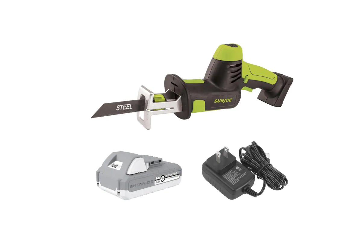 Sun Joe 24V-MPSWVG-LTE-SJG 24-Volt iON+ Cordless All-Purpose Reciprocating Saw Kit with 2.0 Ah Battery Plus Charger