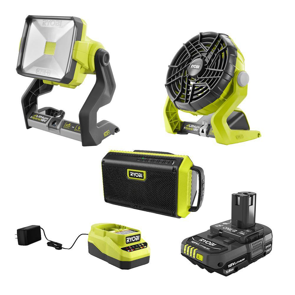 RYOBI PCL1304K1N ONE+ 18V Cordless 3-Tool Campers Combo Kit with Work Light. Speaker. Fan. 1.5 Ah Battery. and Charger