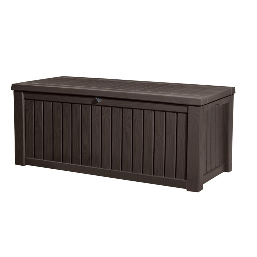 Keter Rockwood Outdoor Plastic Deck Box. All-Weather Resin Storage. 150 Gal. Grey