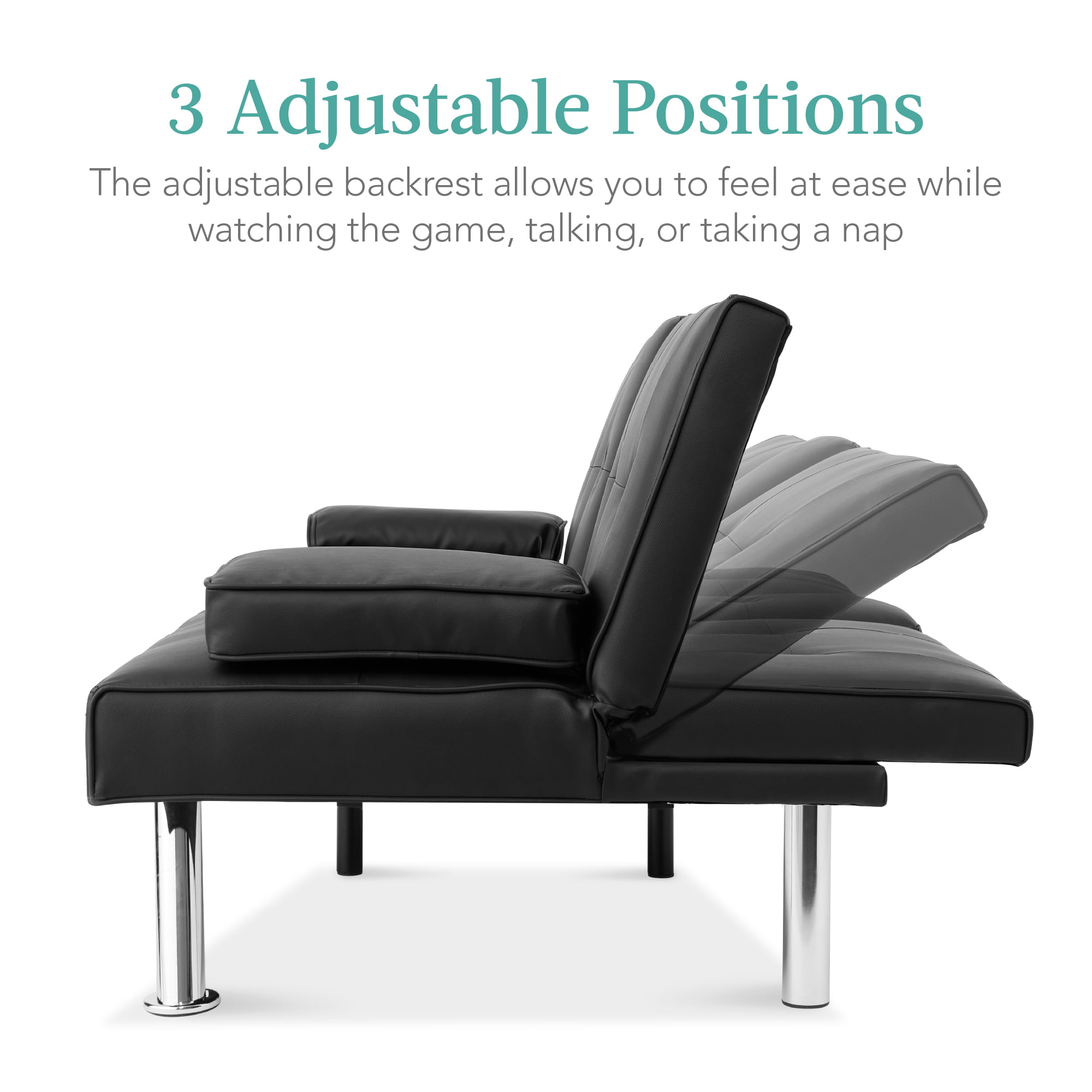 Best Choice Products Modern Faux Leather Convertible Futon Sofa w/ Removable Armrests. Metal Legs. 2 Cupholders - Black