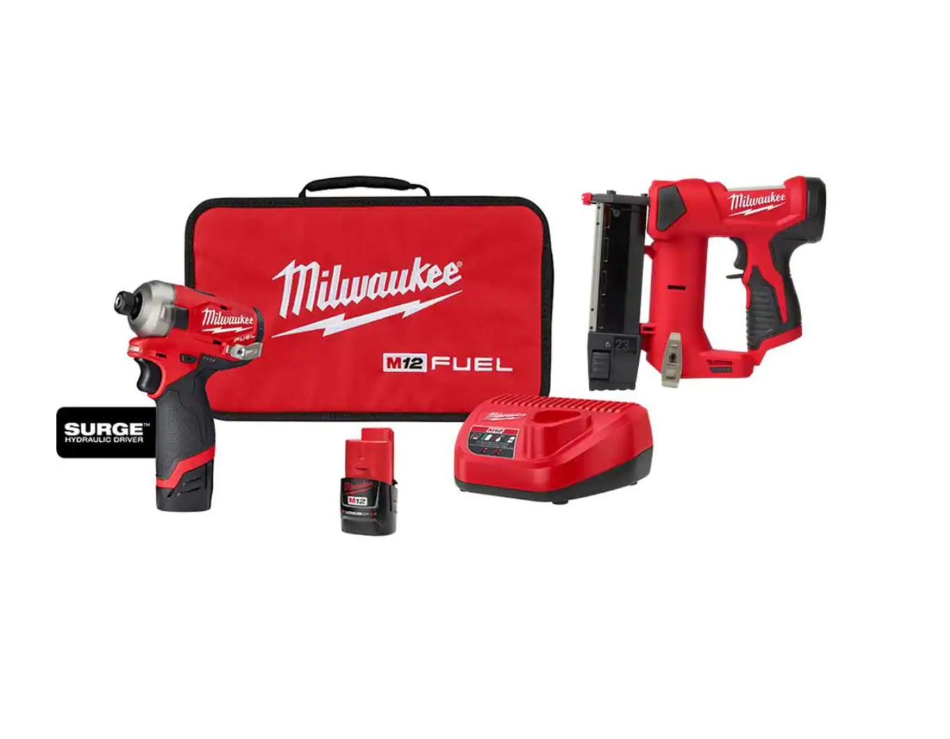 Milwaukee 2551-22-2540-20 M12 FUEL 12V Lithium-Ion Brushless Cordless SURGE 1/4 in. Hex Impact Driver and M12 23-Gauge Pin Nailer Combo Kit