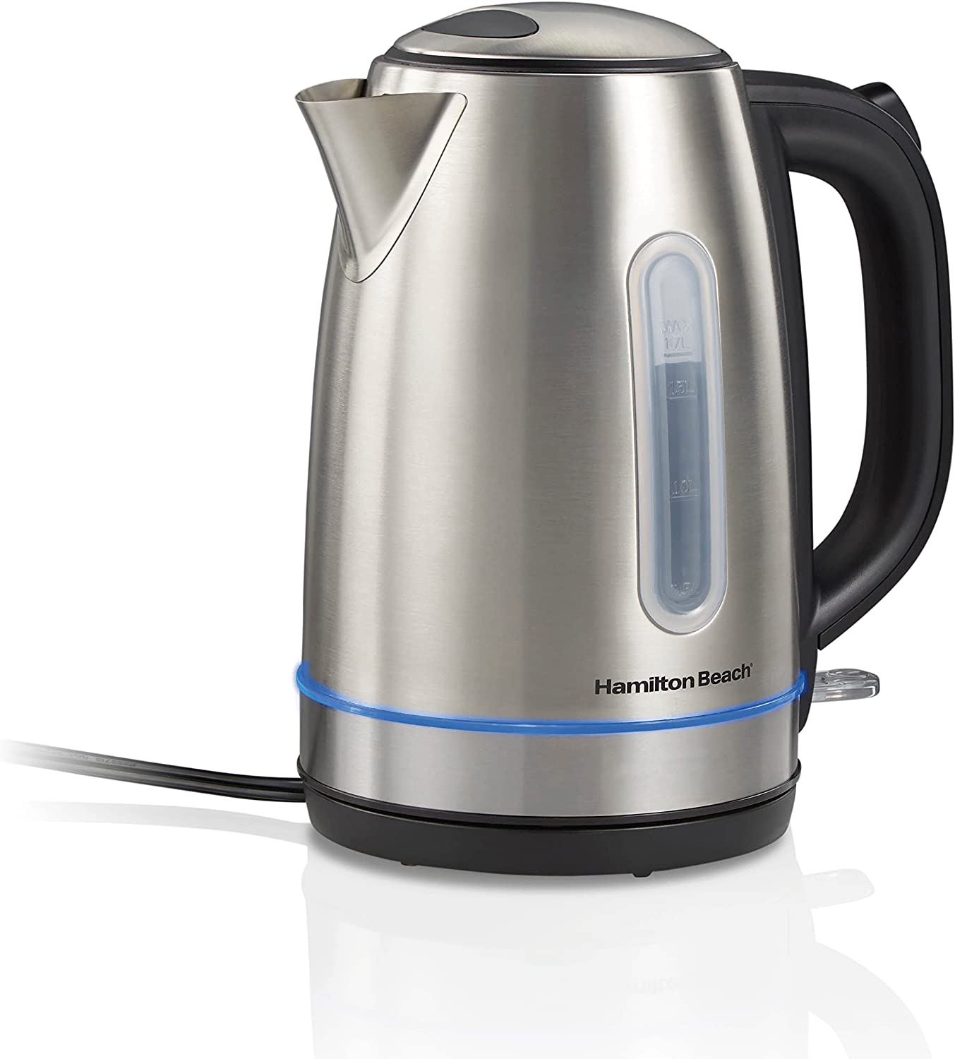 Hamilton Beach Electric Tea Kettle. Water Boiler & Heater. 1.7 Liter. Cordless Serving. 1500 Watts for Fast Boiling. Auto-Shutoff and Boil-Dry Protection. Stainless Steel with LED Light Ring (41037)