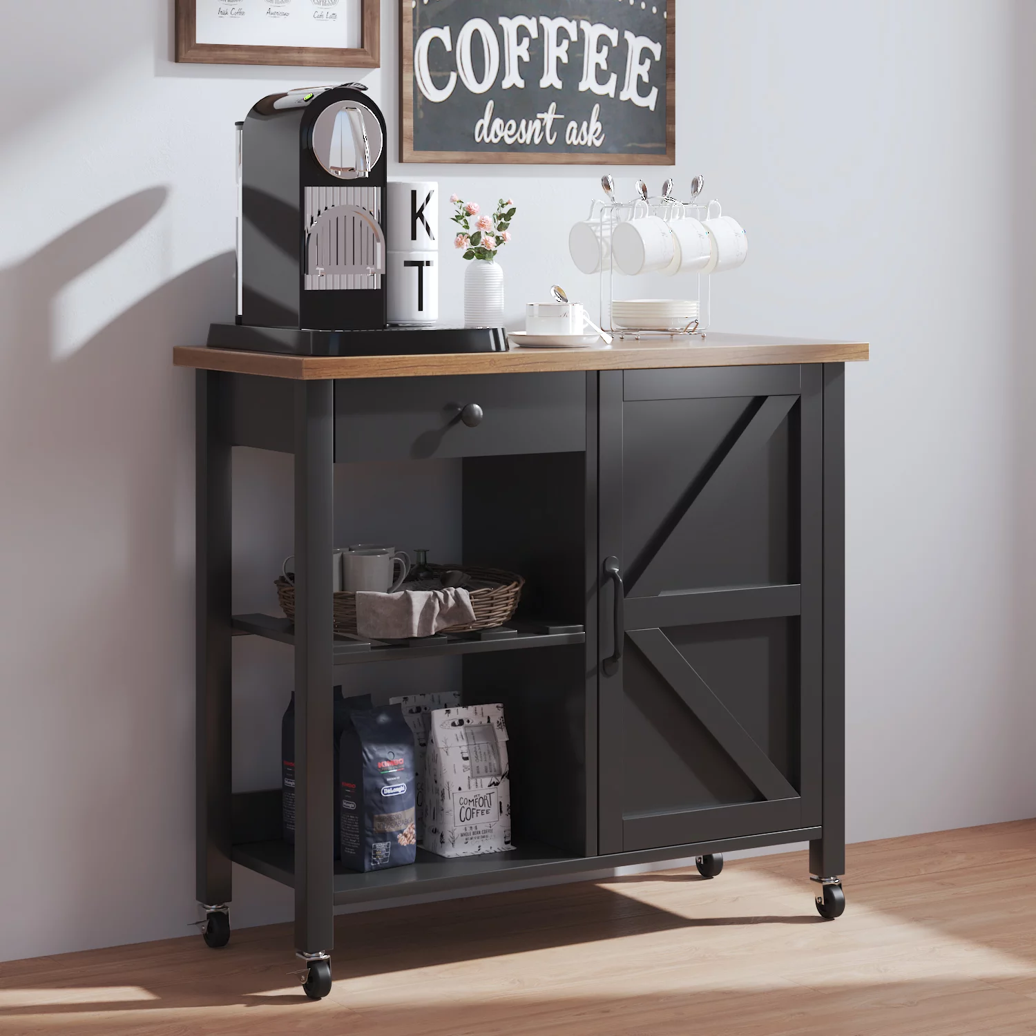 Catrimown Farmhouse Kitchen Island on Wheels. Rolling Kitchen Cart Wheels Mobile Island. Black