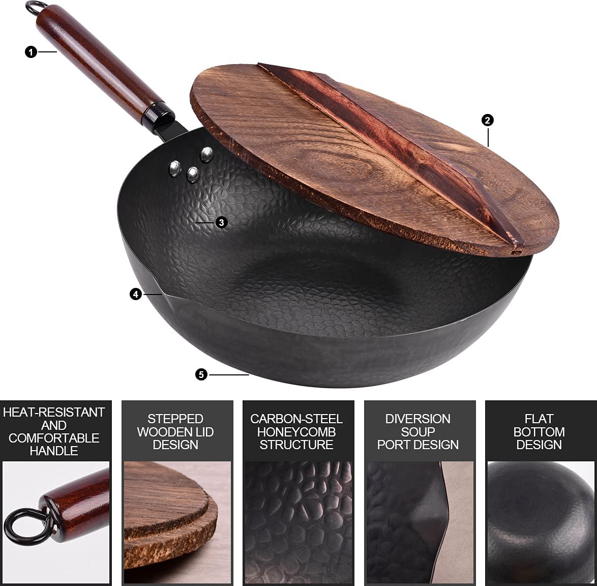 Leidawn 12.8″ Carbon Steel Wok - 11Pcs Woks and Stir Fry Pans with Wooden Handle and Lid.10 Cookware Accessories.For Electric.Induction and Gas Stoves