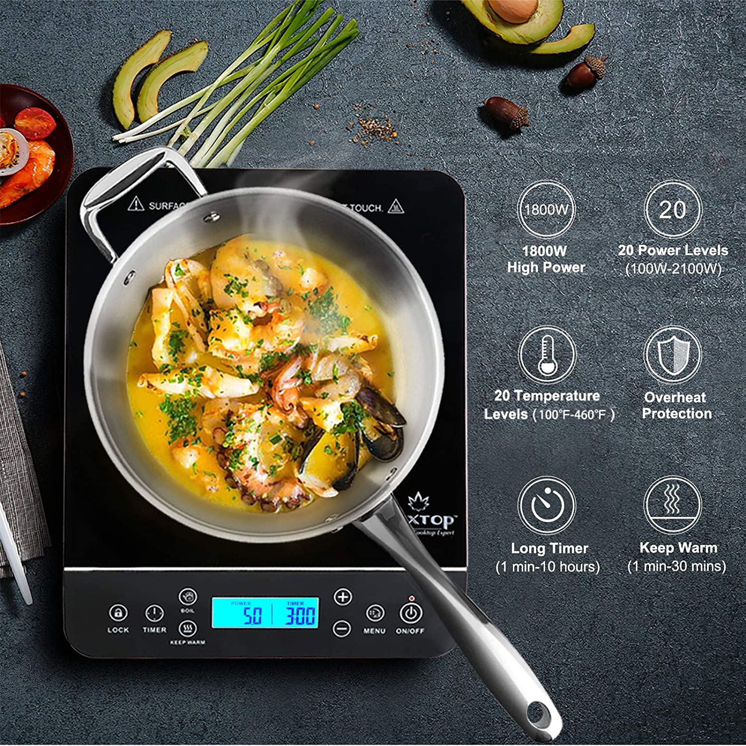 Duxtop Portable Induction Cooktop. Countertop Burner Induction Hot Plate with LCD Sensor Touch 1800 Watts. Silver 9600LS/BT-200DZ