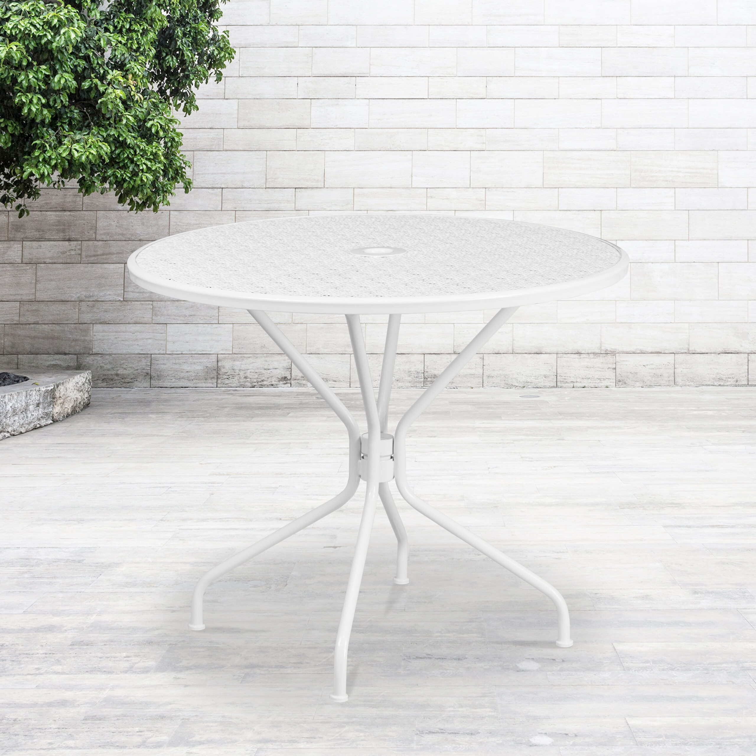 Flash Furniture Commercial Grade 35.25″ Round White Indoor-Outdoor Steel Patio Table with Umbrella Hole