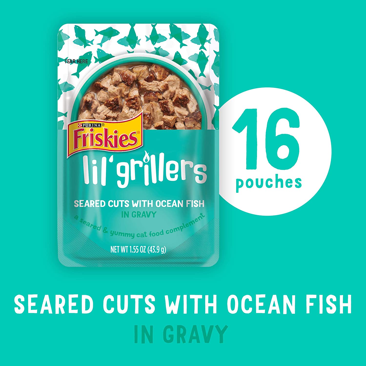 Purina Friskies Gravy Wet Cat Food Complement Lil- Grillers Seared Cuts with Ocean Fish - (16) 1.55 oz. Pouches