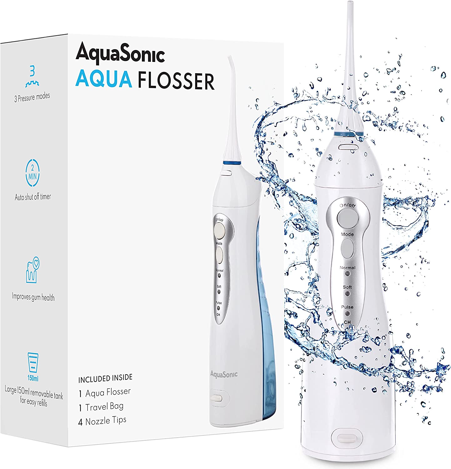 Aquasonic Aqua Flosser - Professional Rechargeable Water Flosser with 4 Tips - Oral Irrigator w/ 3 Modes - Portable & Cordless Flosser - Kids and Braces - Dentist Recommended