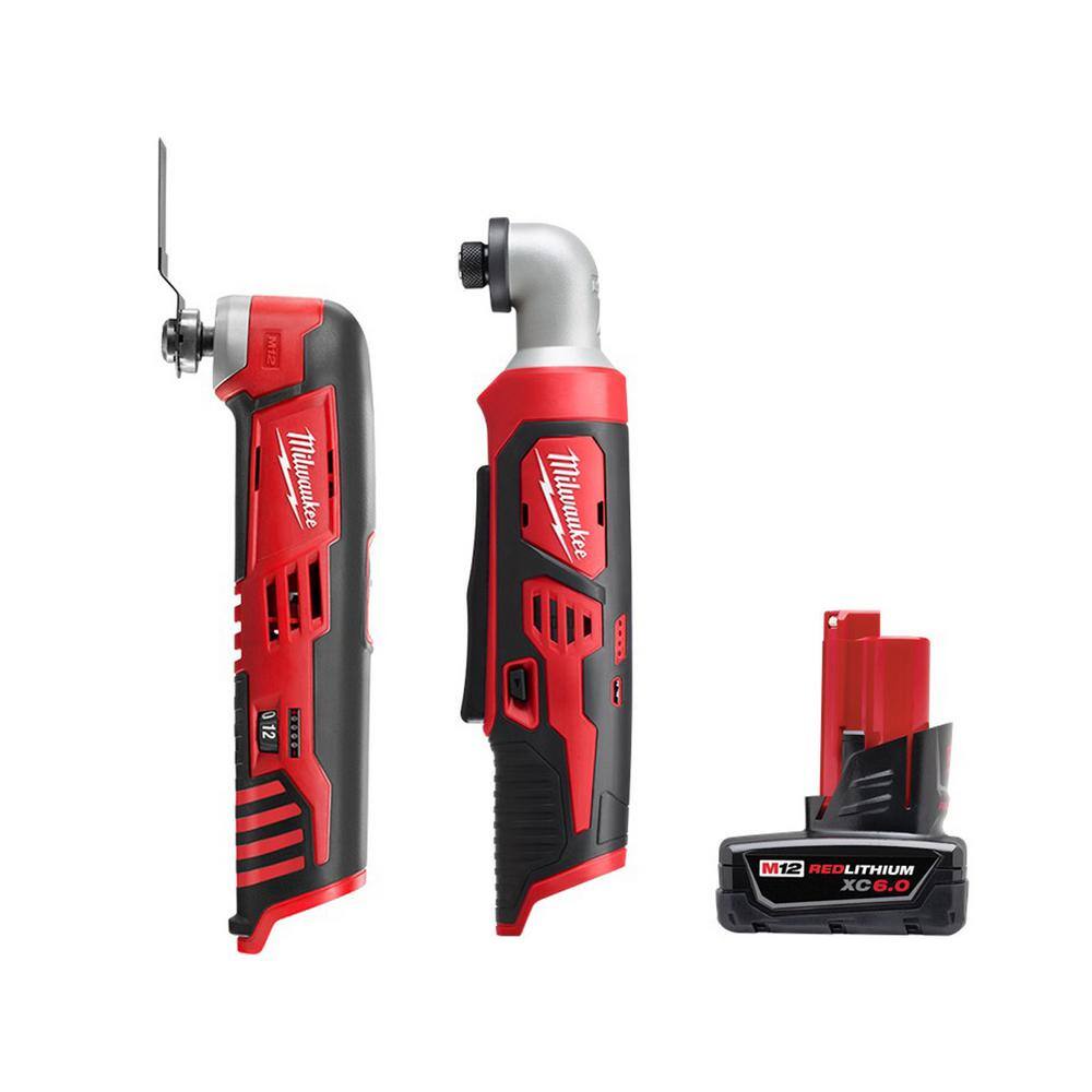 Milwaukee 2426-20-2467-20-48-11-2460 M12 12V Li-Ion Cordless Oscillating Multi-Tool with 1/4 in. Right Angle Hex Impact Driver and 6.0Ah XC Battery Pack