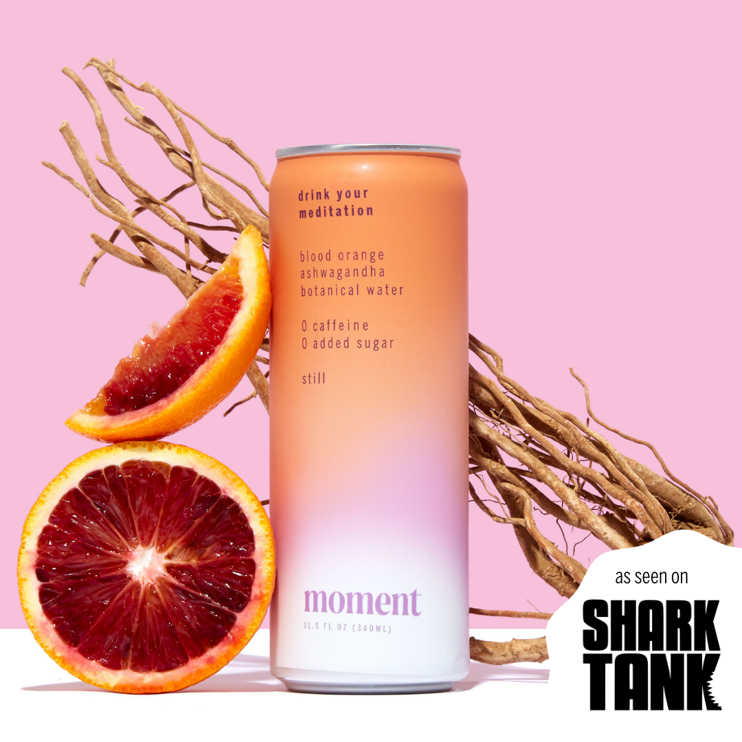 Moment Botanical Water. Blood Orange Ashwagandha. Still. Zero Added Sugar. 12 Pack. 11.5 fl oz