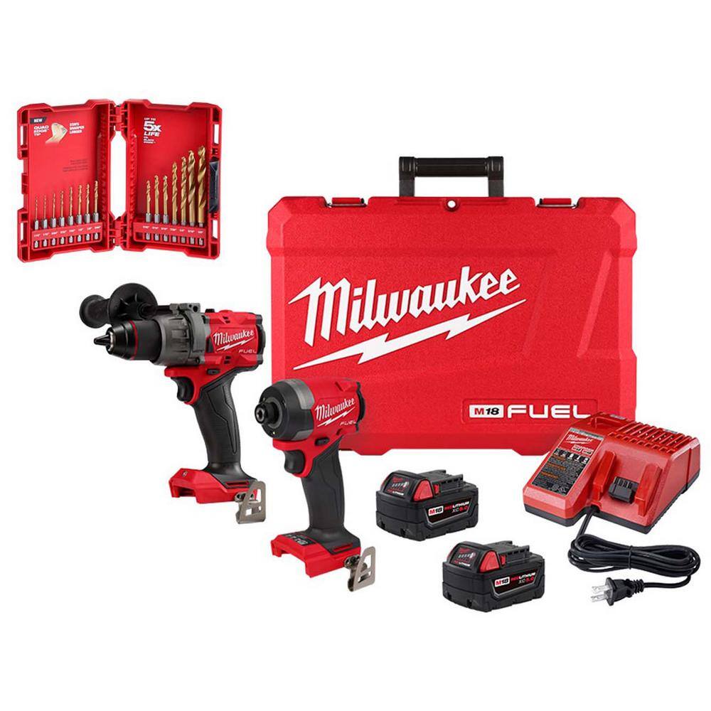 Milwaukee 3697-22-48-89-4630 M18 FUEL 18V Brushless Cordless Hammer Drill & Impact Driver Combo Kit (2-Tool) W/Titanium Bit Set (15-Piece)