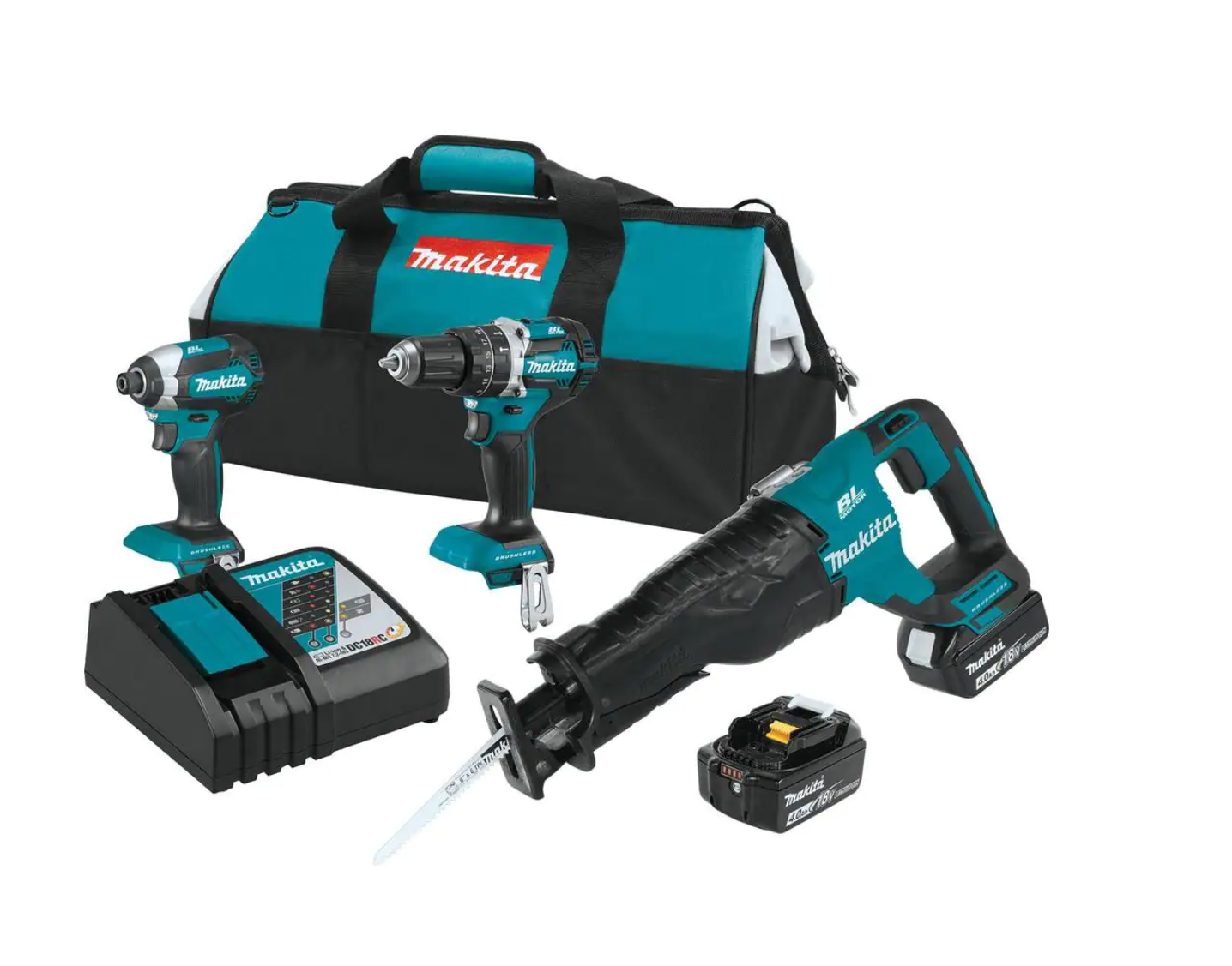 Makita XT328M 18V LXT Lithium-Ion Brushless Cordless Combo Kit (3-Tool) with (2) 4.0 Ah Batteries. Rapid Charger. and Tool Bag