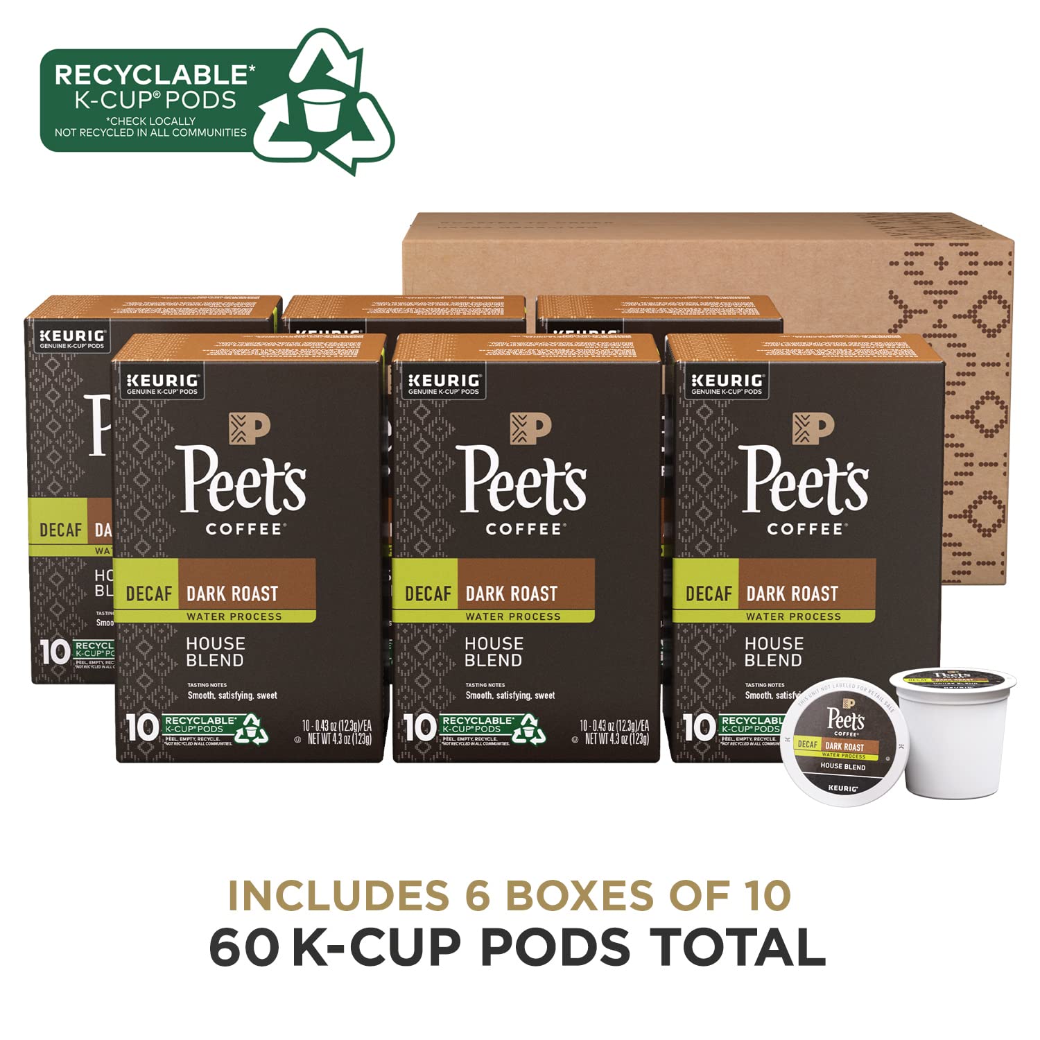 Peet-s Coffee. Dark Roast Decaffeinated Coffee K-Cup Pods for Keurig Brewers - Decaf House Blend 60 Count (6 Boxes of 10 K-Cup Pods)