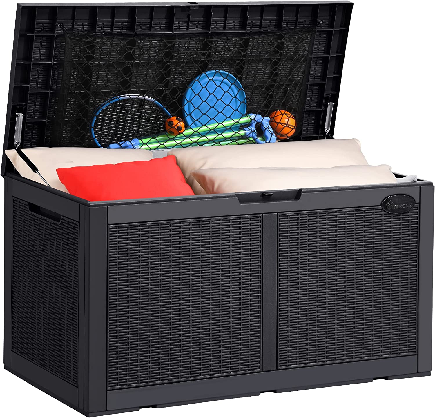 YITAHOME 100 Gallon Large Deck Box w/Storage Net. Resin Outdoor Storage Boxes. Waterproof Patio Cushion Storage Bench for Patio Furniture. Pool Supplies. Garden Tools- Rattan.Lockable (Black)