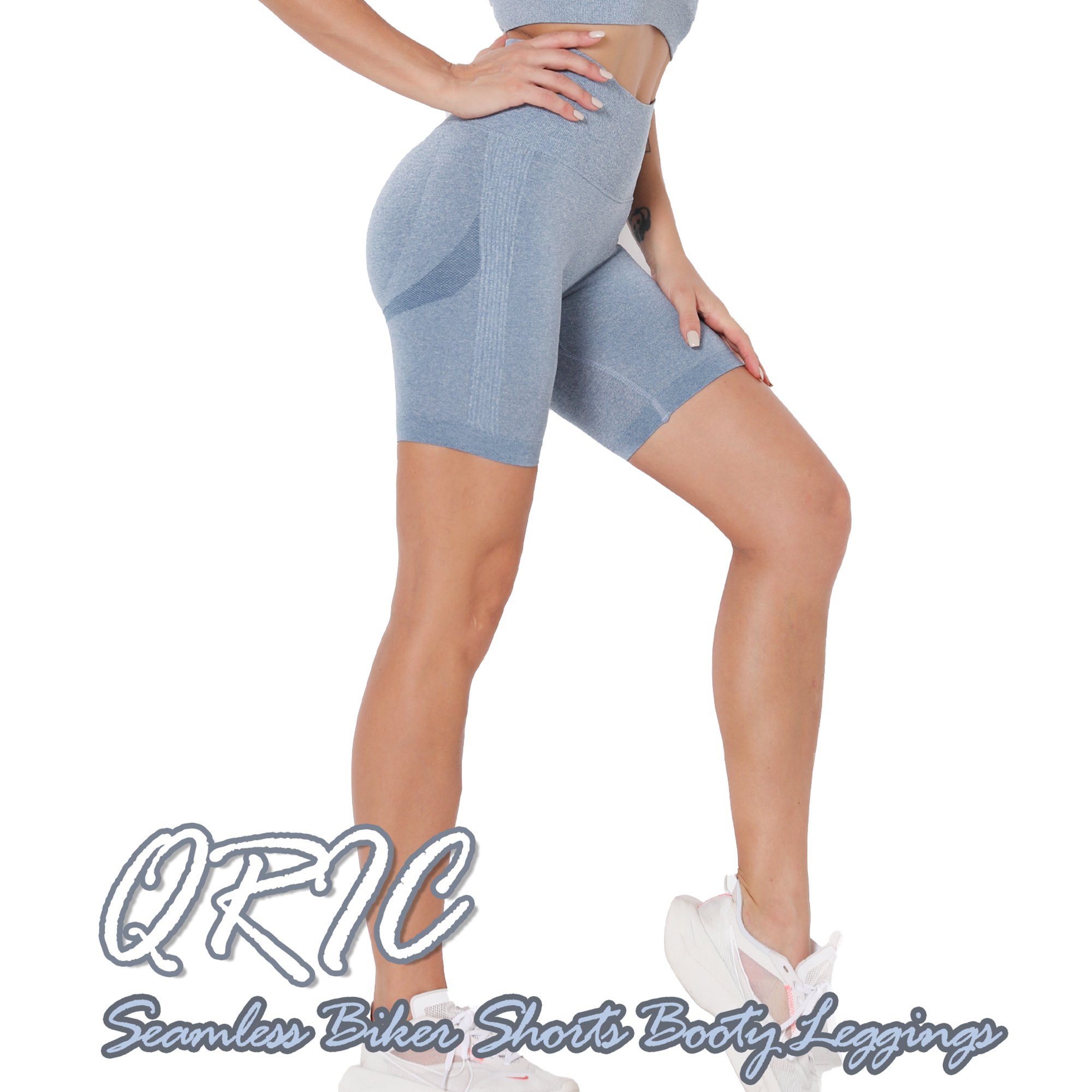 QRIC High Waisted Seamless Biker Shorts for Women Tummy Control Leggings Butt Lifting Streamline Contour Gym Workout Yoga Shorts. Blue