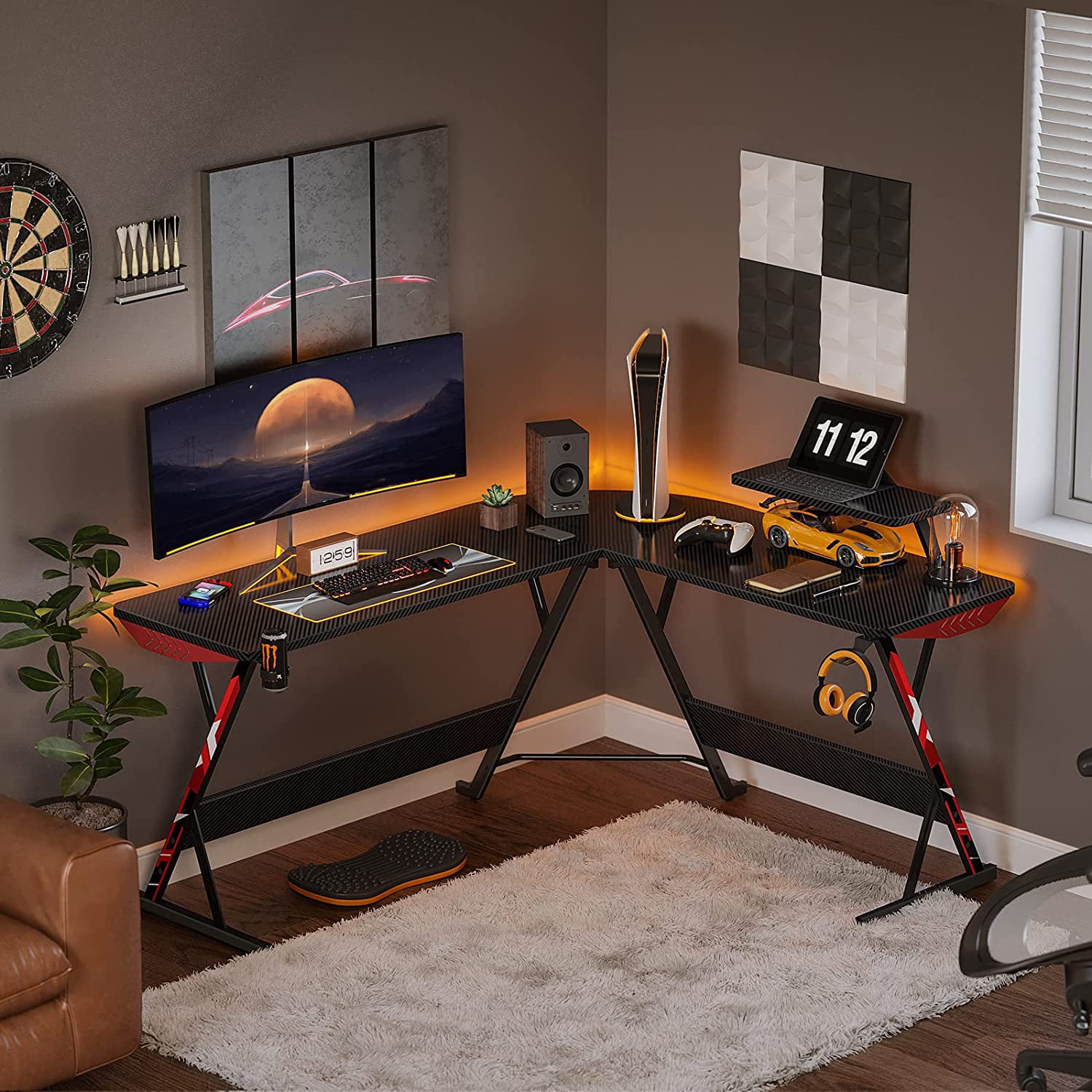 MOTPK 58″ L Shaped Gaming Desk. Gaming Table L Shape. Computer Desk for Gamer with Monitor Shelf. Cup Holder & Headphone Hook. Corner Gaming Desk with Carbon Fiber Texture. Black