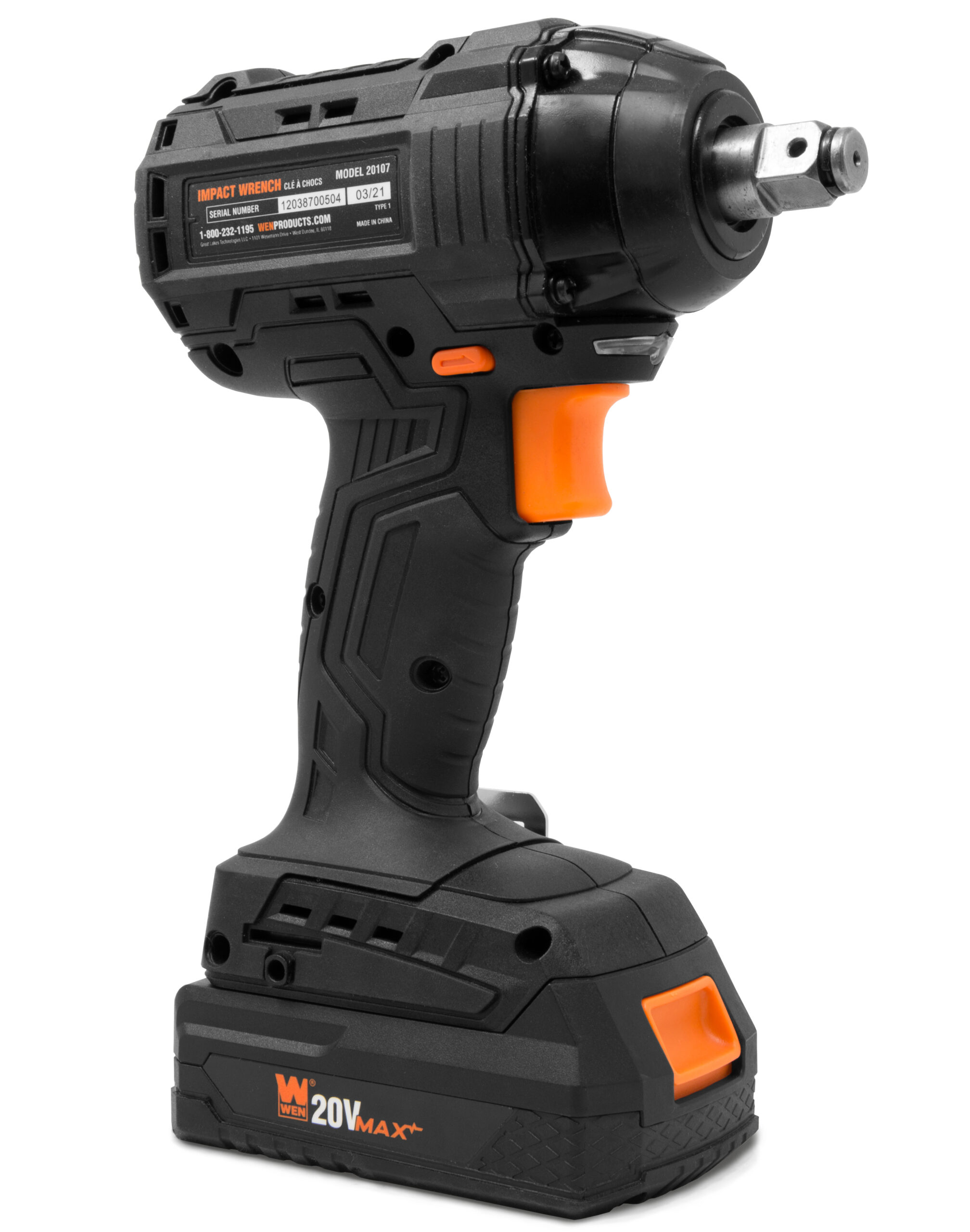 WEN 20V Max Brushless Cordless 1/2-Inch Impact Wrench with 2.0 Ah Lithium-Ion Battery and Charger
