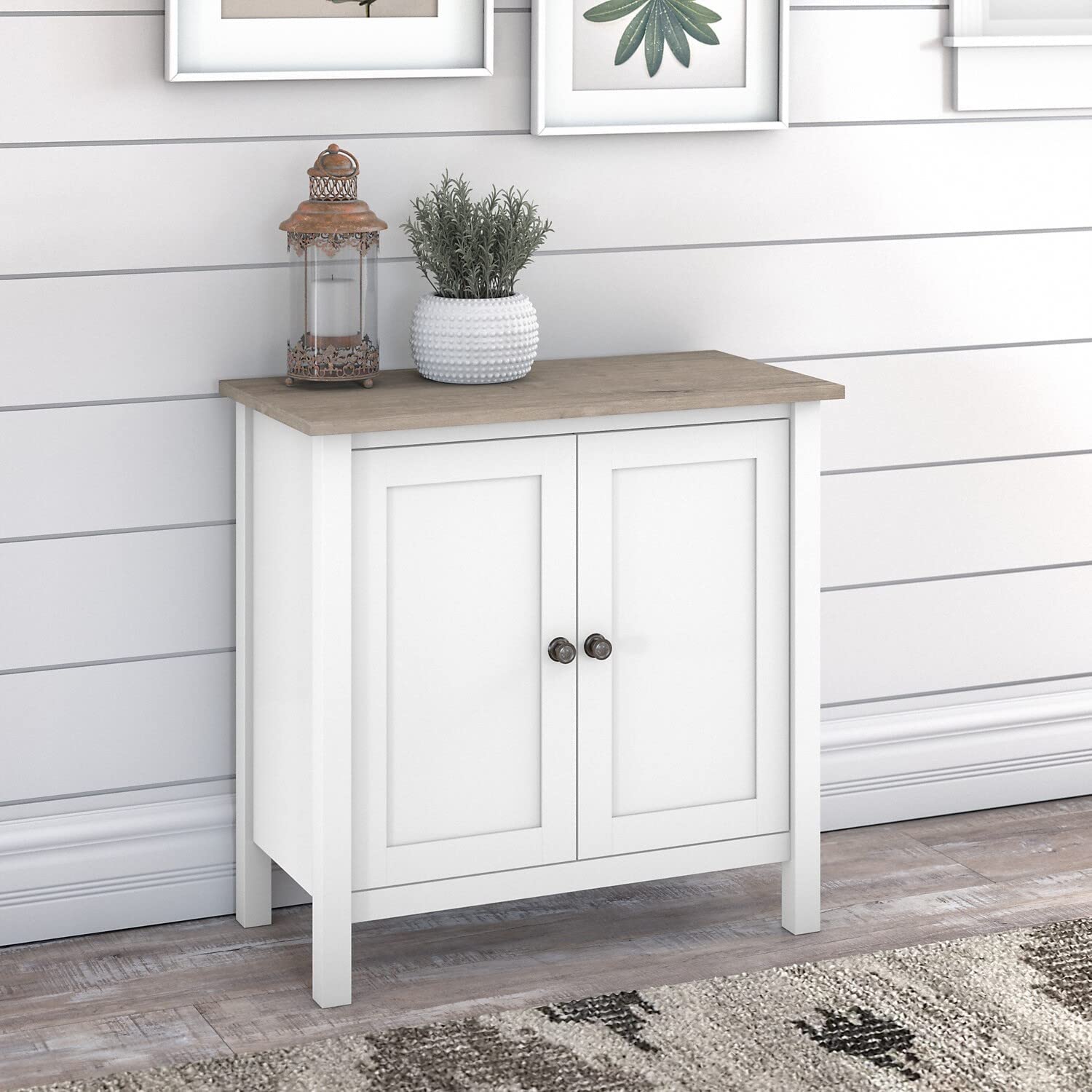 Bush Furniture Mayfield Accent Storage Cabinet with Doors. Pure White and Shiplap Gray