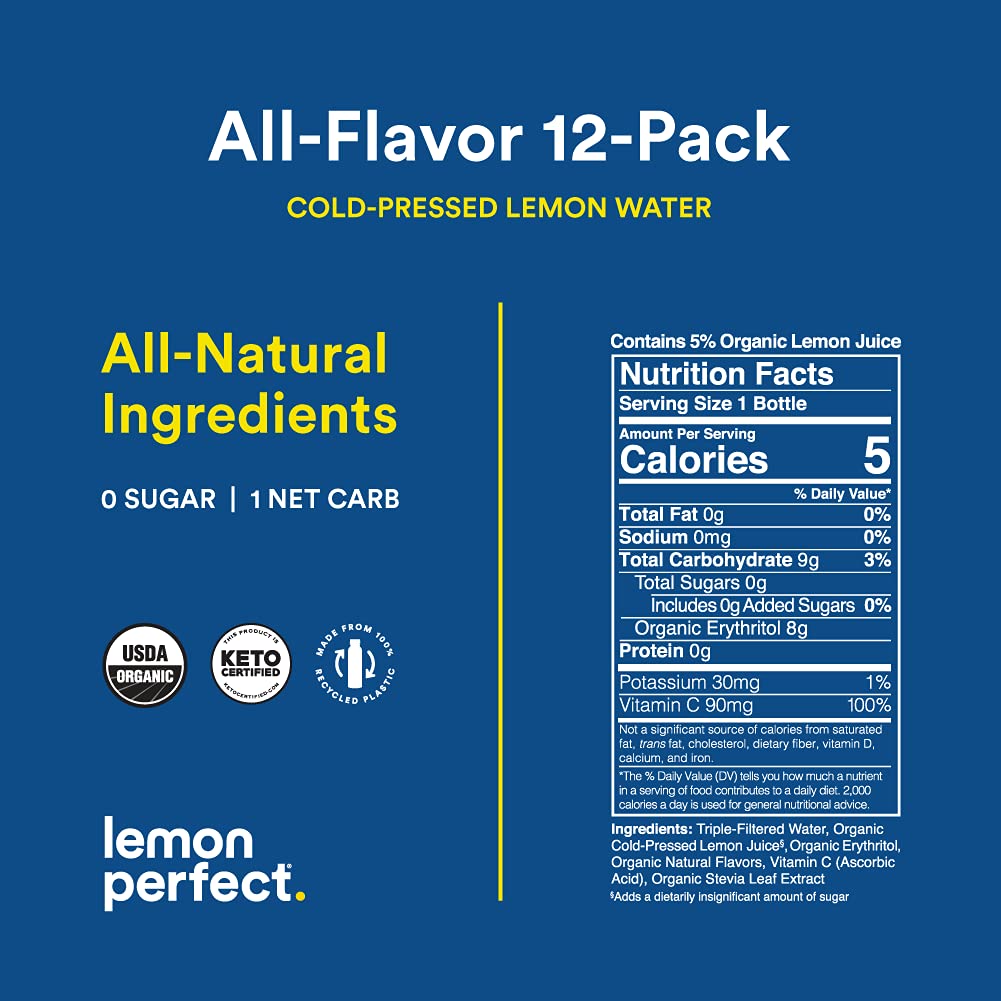 Lemon Perfect - Organic Cold-Pressed Lemon Water - Squeezed from Real Fruit. Flavored Water. Sugar-Free. Keto Certified. No Artificial Ingredients - 6-Flavor Variety Pack (12-pack)