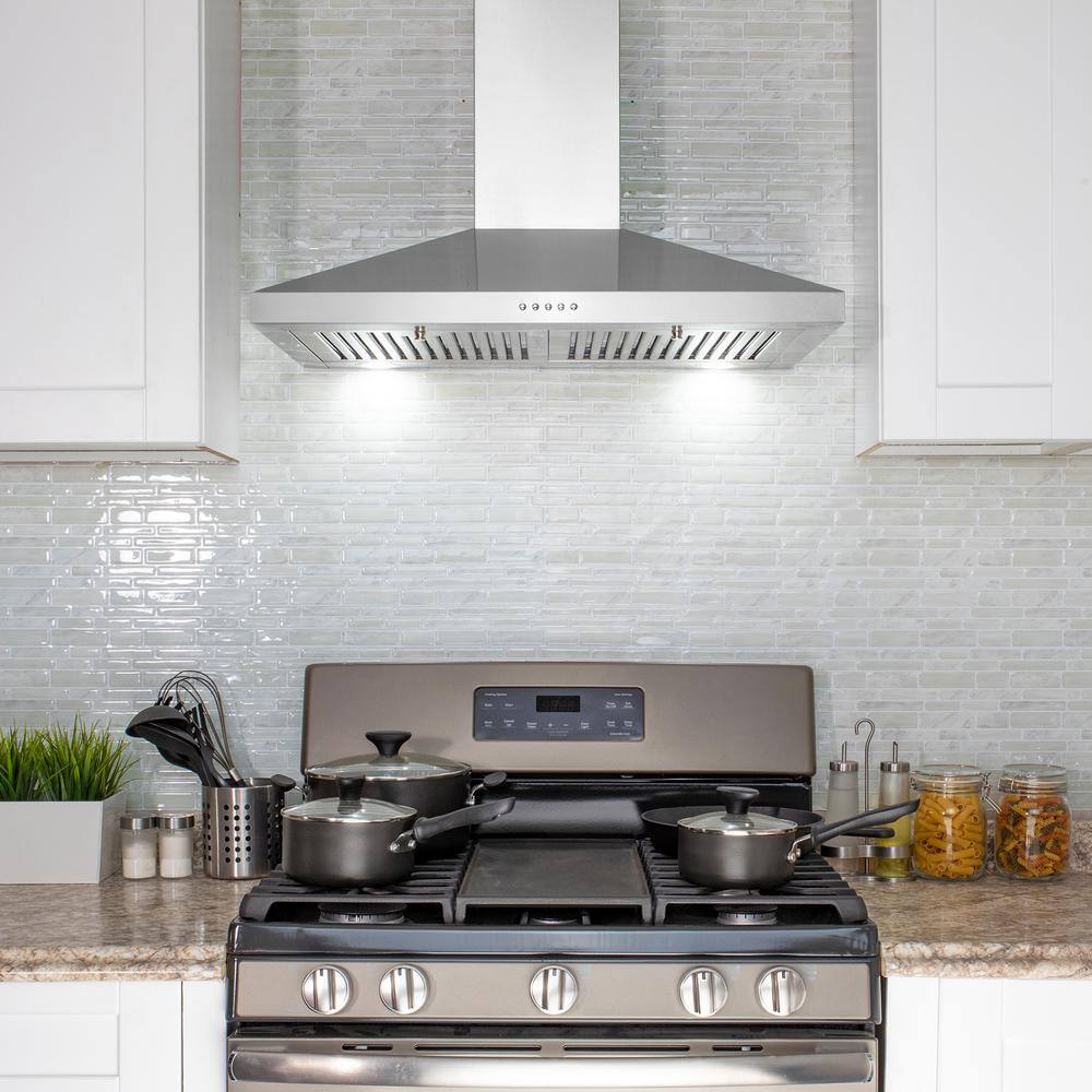 Golden Vantage RH0473 30 in. 217 CFM Convertible Kitchen Wall Mount Range Hood in Stainless Steel with Push Panel. LEDs and Carbon Filters