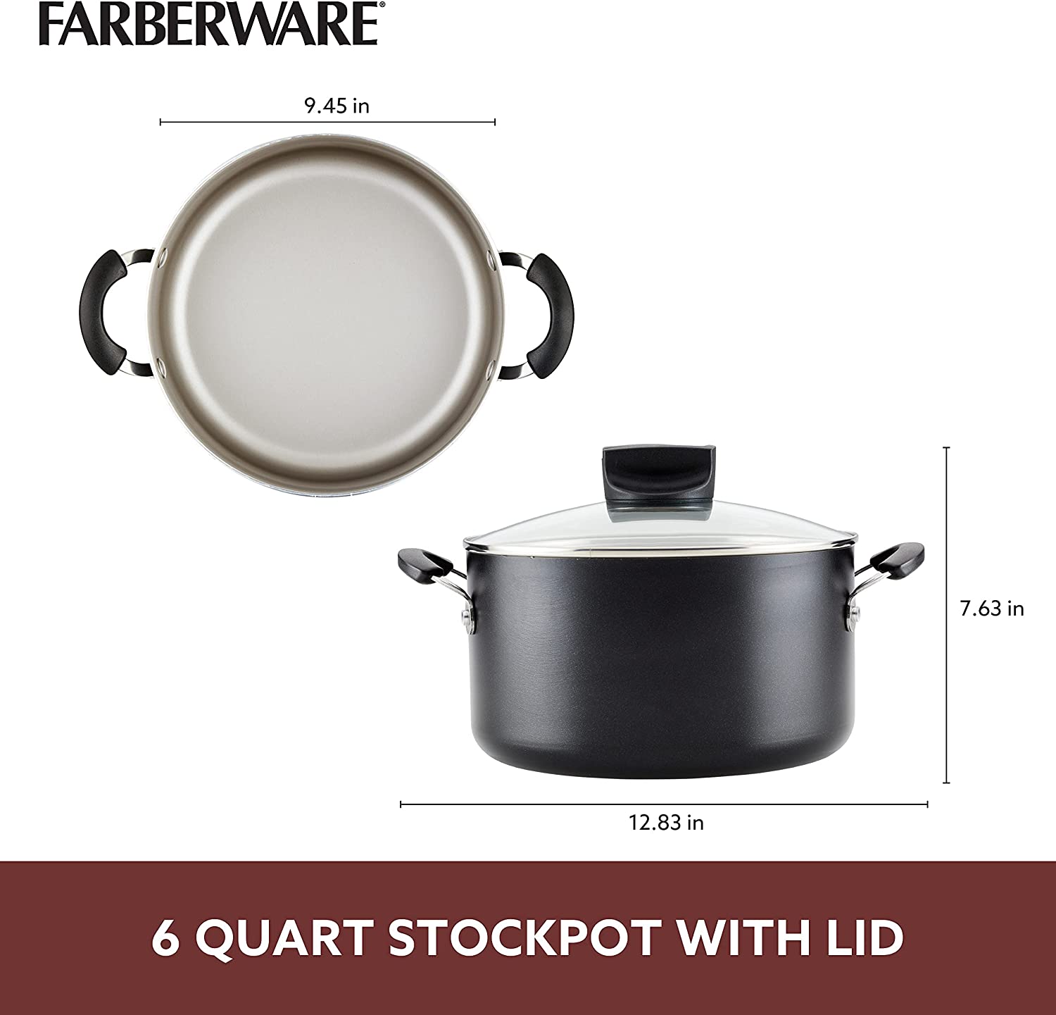 Farberware Smart Control Nonstick Stock Pot/Stockpot with Lid. 6 Quart. Black
