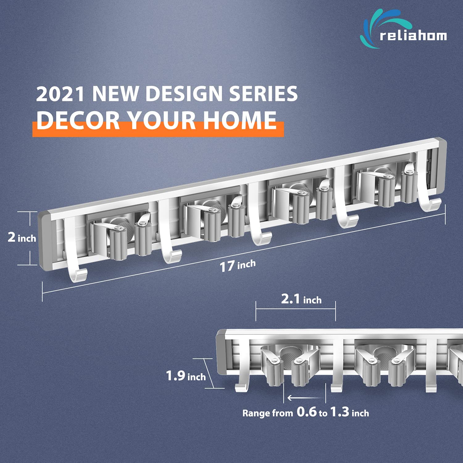 reliahom Broom Holder Mop Hanger Wall Mount Metal (4 Racks with 5 Hooks. Silver)