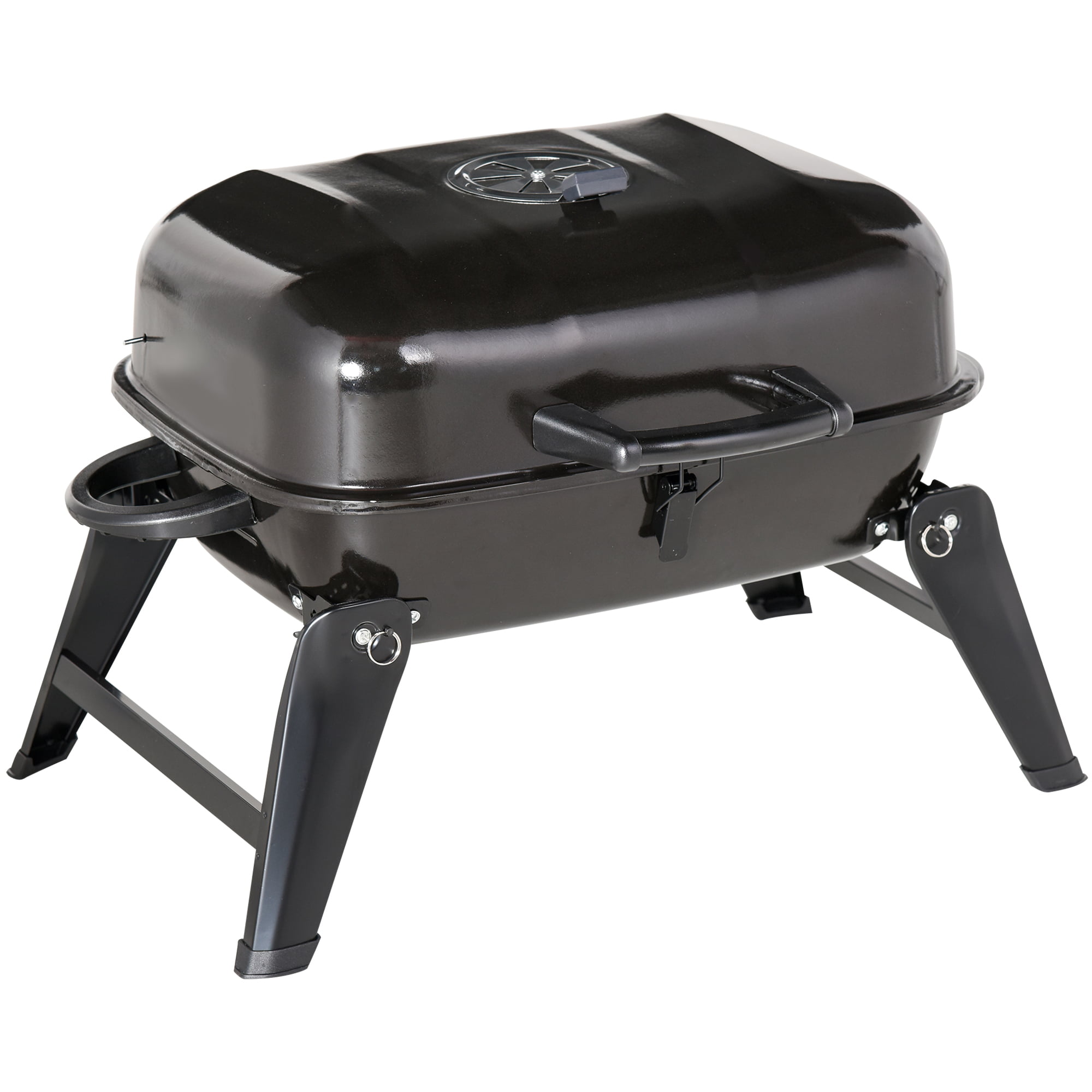 Outsunny 14″ Portable Charcoal Grill. Tabletop Small BBQ Grill for Outdoor Cooking. Camping. Tailgating. Enamel Coated. Vent. Folding Legs. Black