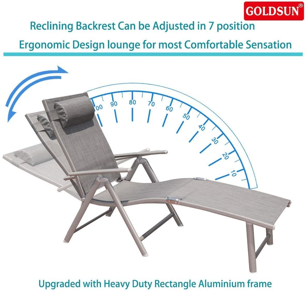 GOLDSUN Aluminum Outdoor Folding Reclining Adjustable Chaise Lounge Chair with Cup Holder for Outdoor Patio Beach Porch Swimming Poolside (Single. Grey)