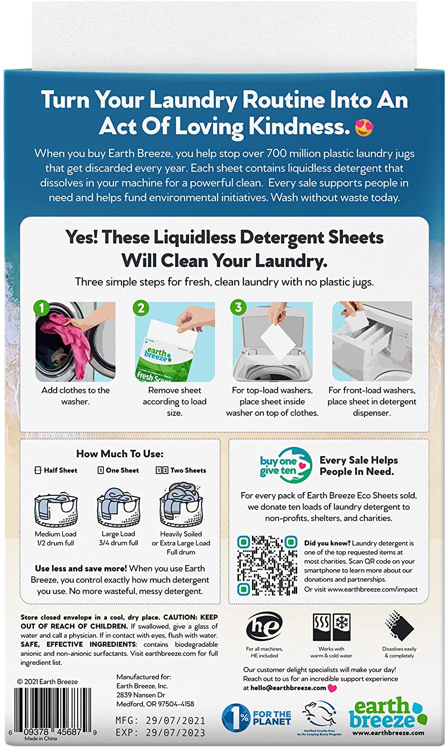 Earth Breeze Laundry Detergent Sheets. Fragrance Free. 30 Sheets