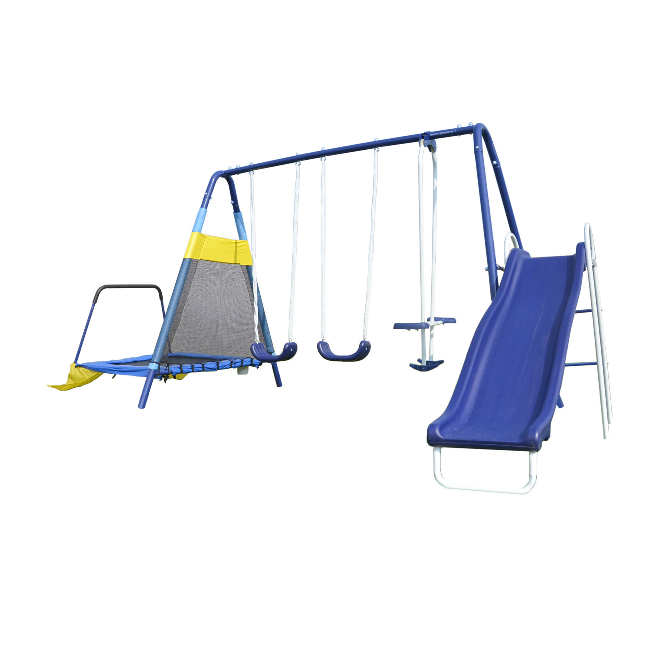 Sportspower Almansor Metal Swing Set with Glide Ride. Trampoline. and Blow-Molded Slide