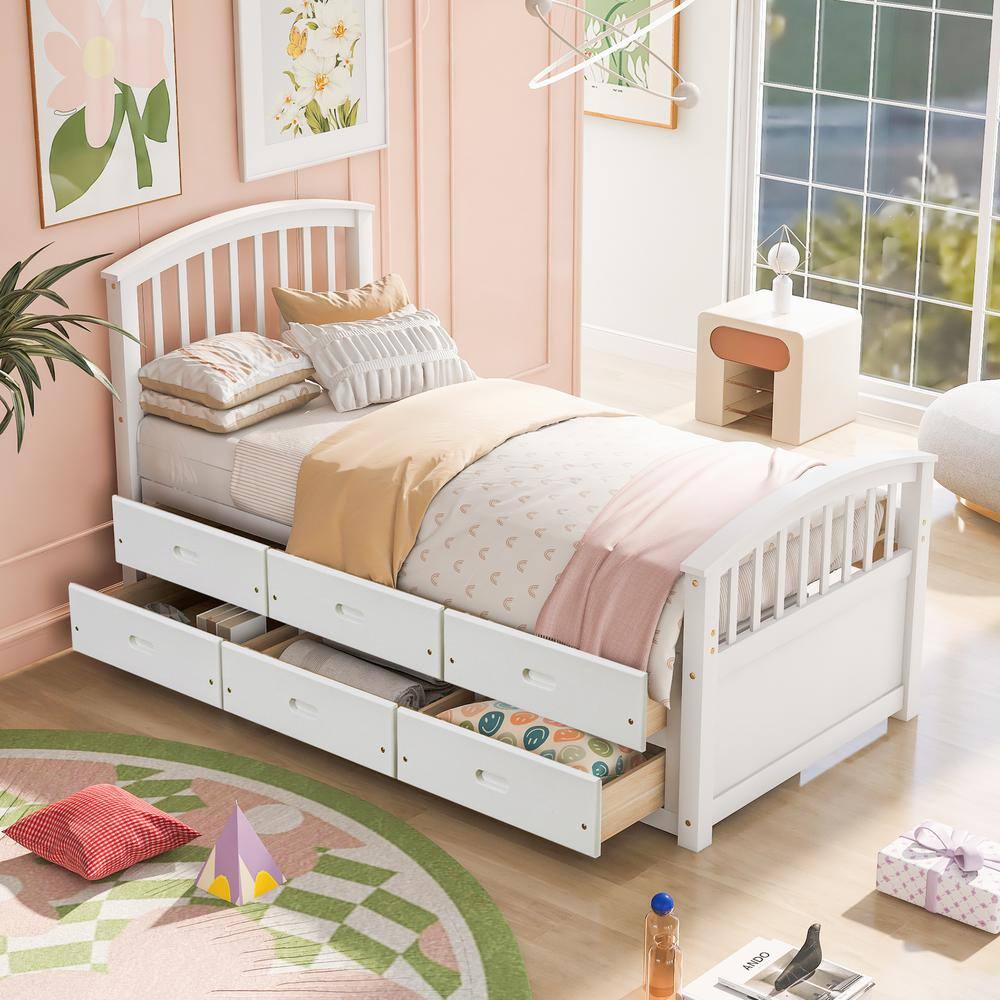 Harper & Bright Designs  White Pine Wood Frame Twin Size Storage Platform Bed with 6 Drawers