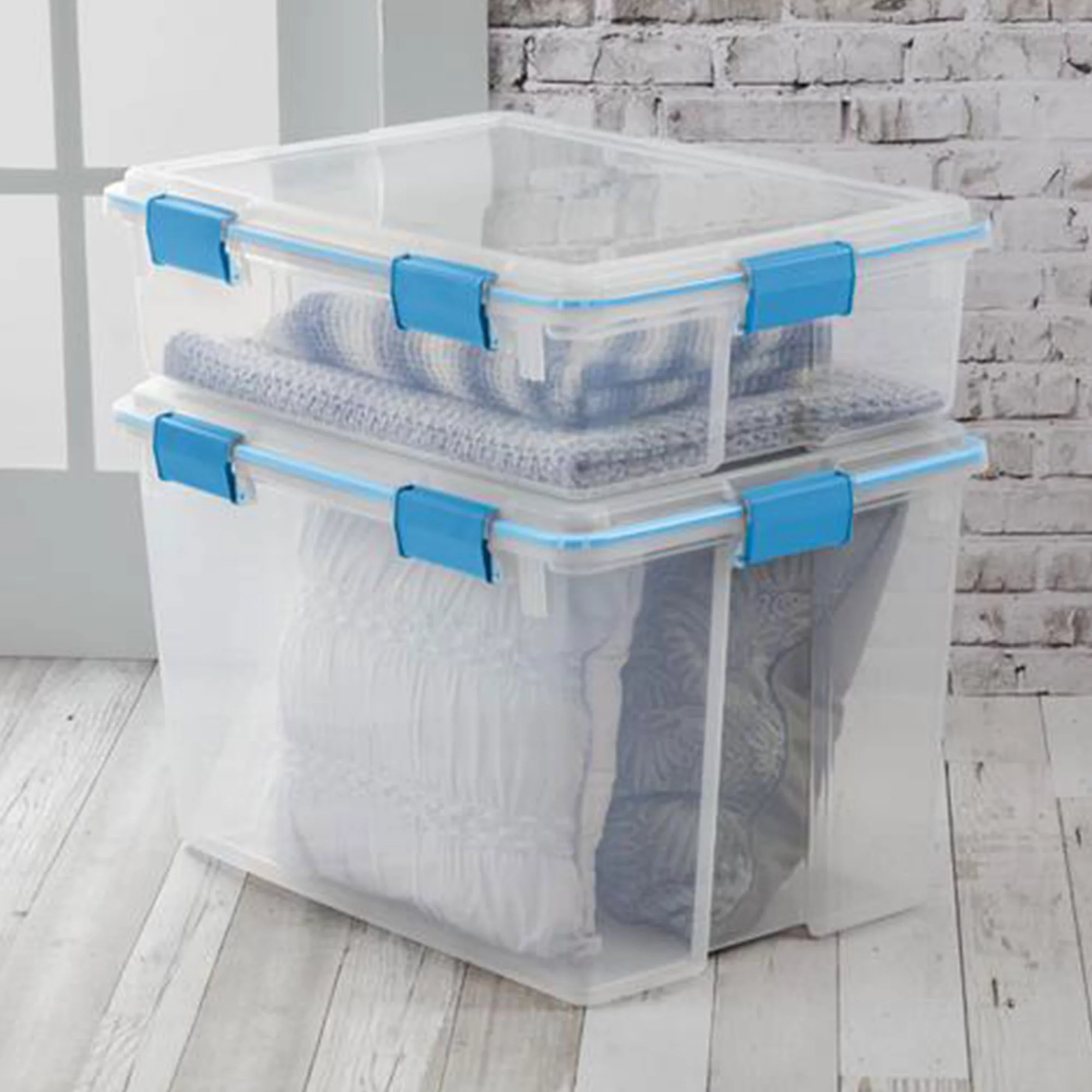 Sterilite 80-Qt Clear Plastic Stackable Storage Bin w/Gasket Latch Lid. 4 Pack