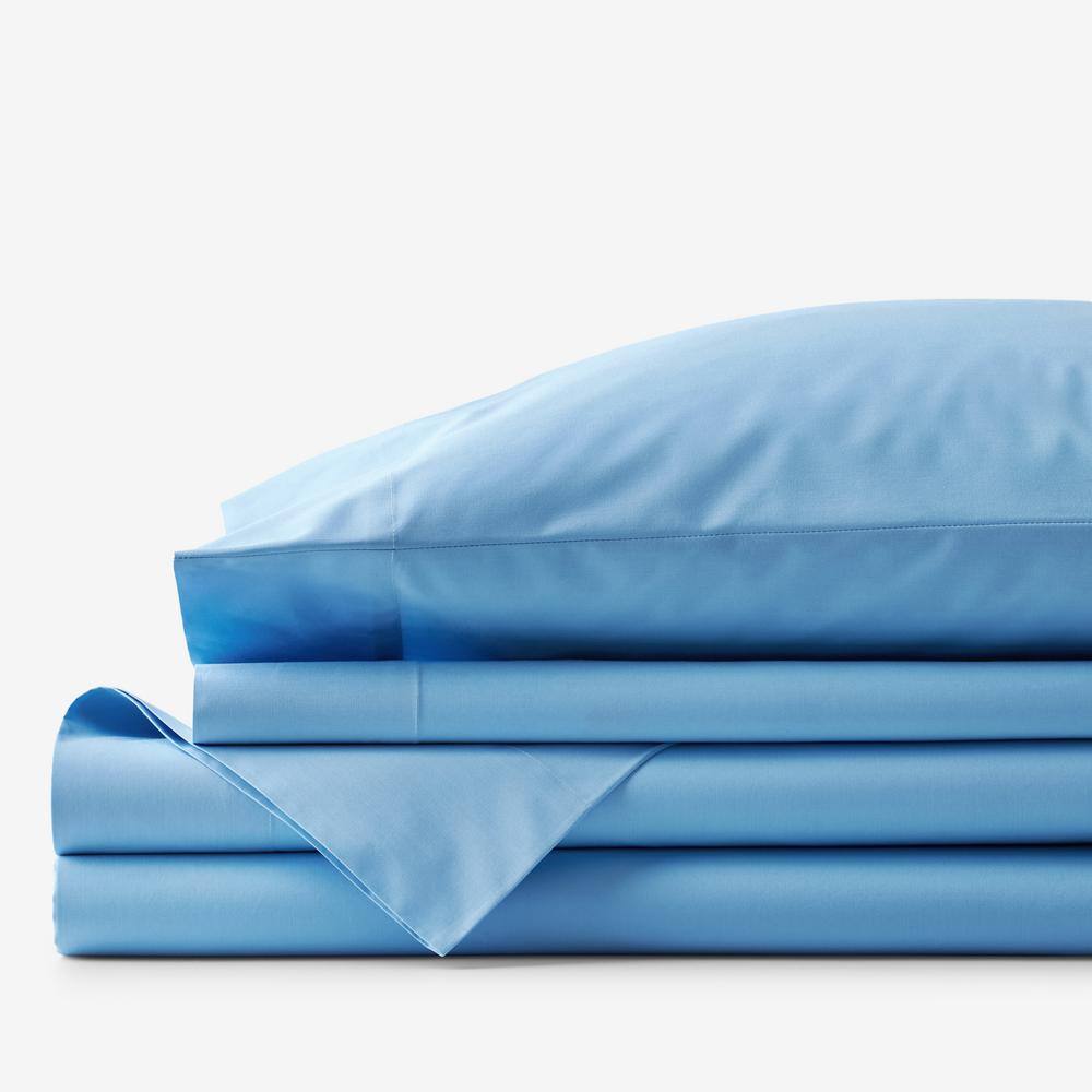 The Company Store  Company Essentials 4-Piece Ocean Blue Solid 200-Thread Count Organic Cotton Percale Queen Sheet Set - Ocean Blue