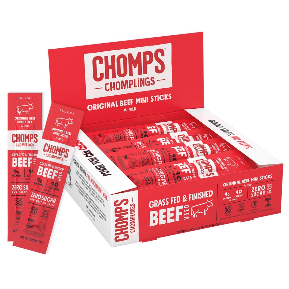 Chomps Mini Beef Jerky Sticks. Original Beef. High Protein. Gluten Free. Sugar Free. Whole 30 Approved. 24ct 0.5 oz