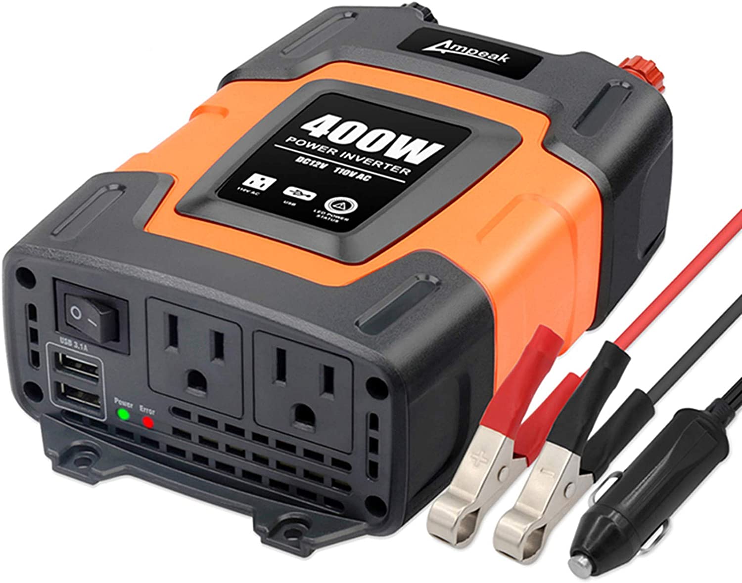 Ampeak 400W Power Inverter 12v to 110v Car Inverter DC to AC 3.1A 2 USB Charge Ports 2 Outlets