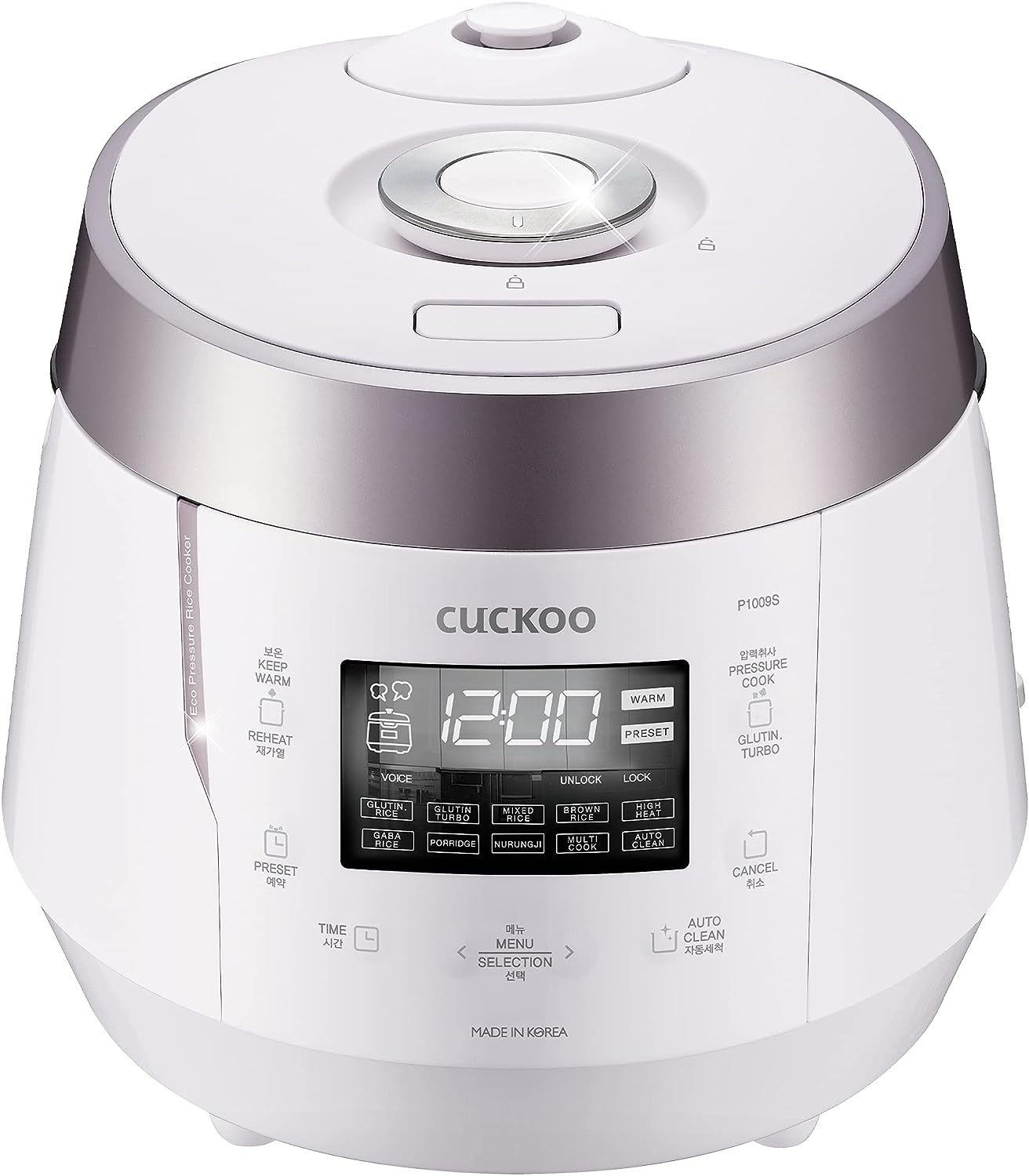Cuckoo CRP-P1009SW 10 Cup Electric Heating Pressure Cooker & Warmer – 12 Built-in Programs. Glutinous (White). Mixed. Brown. GABA Rice. 1.8 liters