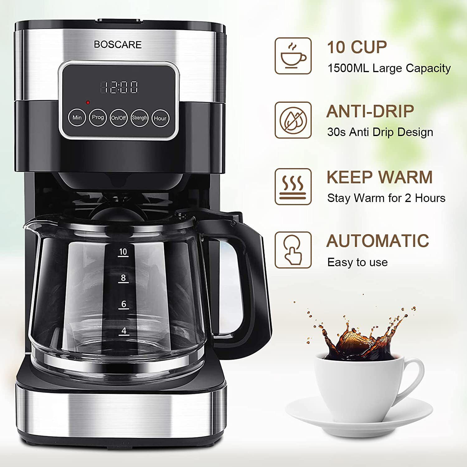 BOSCARE Drip Coffee Maker. 10 Cup Programmable Coffeemaker. Auto Shut-off Mini Coffee Machine. 2 Hours Keep Warm Glass Coffee Pot. Touch Screen. LCD Display. Anti-drip .Stainless Steel. Black
