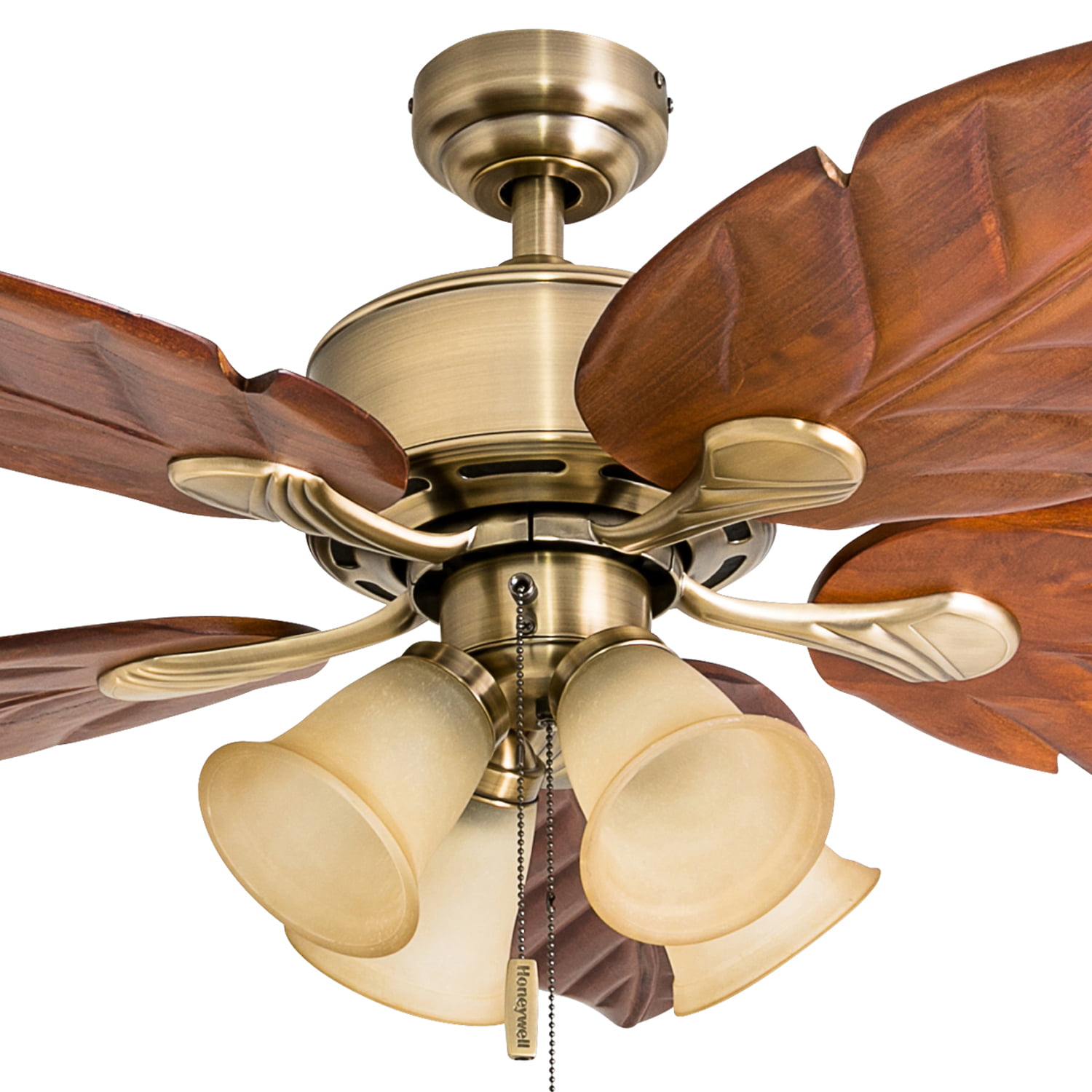 Prominence Home Royal Palm 52″ Aged Brass Tropical Ceiling Fan with 5 Hand Carved Wood Blades. 4 Arm Light Kit. Remote & Reverse Airflow