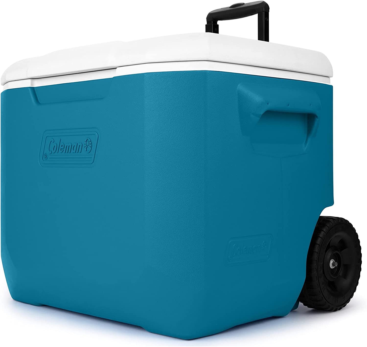 Coleman Chiller Series 60qt Wheeled Insulated Portable Cooler. Ice Retention Hard Cooler with Heavy Duty Wheels and Handle. Ocean Blue