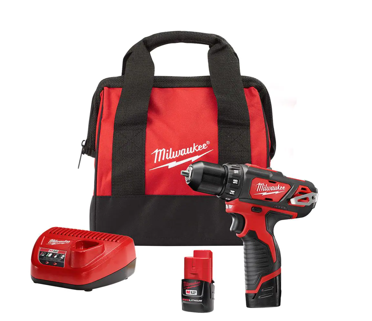 Milwaukee 2407-22 M12 12-Volt Lithium-Ion Cordless 3/8 in. Drill/Driver Kit with Two 1.5 Ah Batteries. Charger and Tool Bag