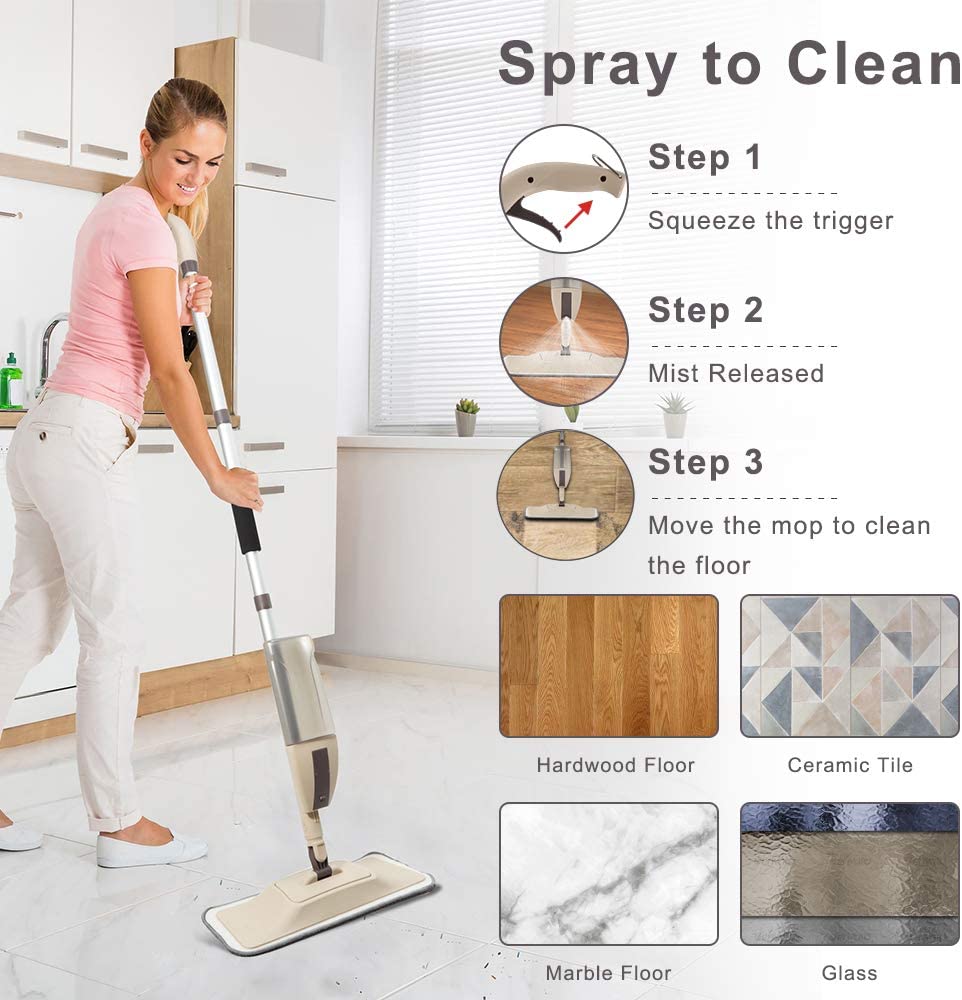 Hard Floor Mop Spray Mop Wood Tile Laminate Ceramic Floor Clean 2 Microfiber