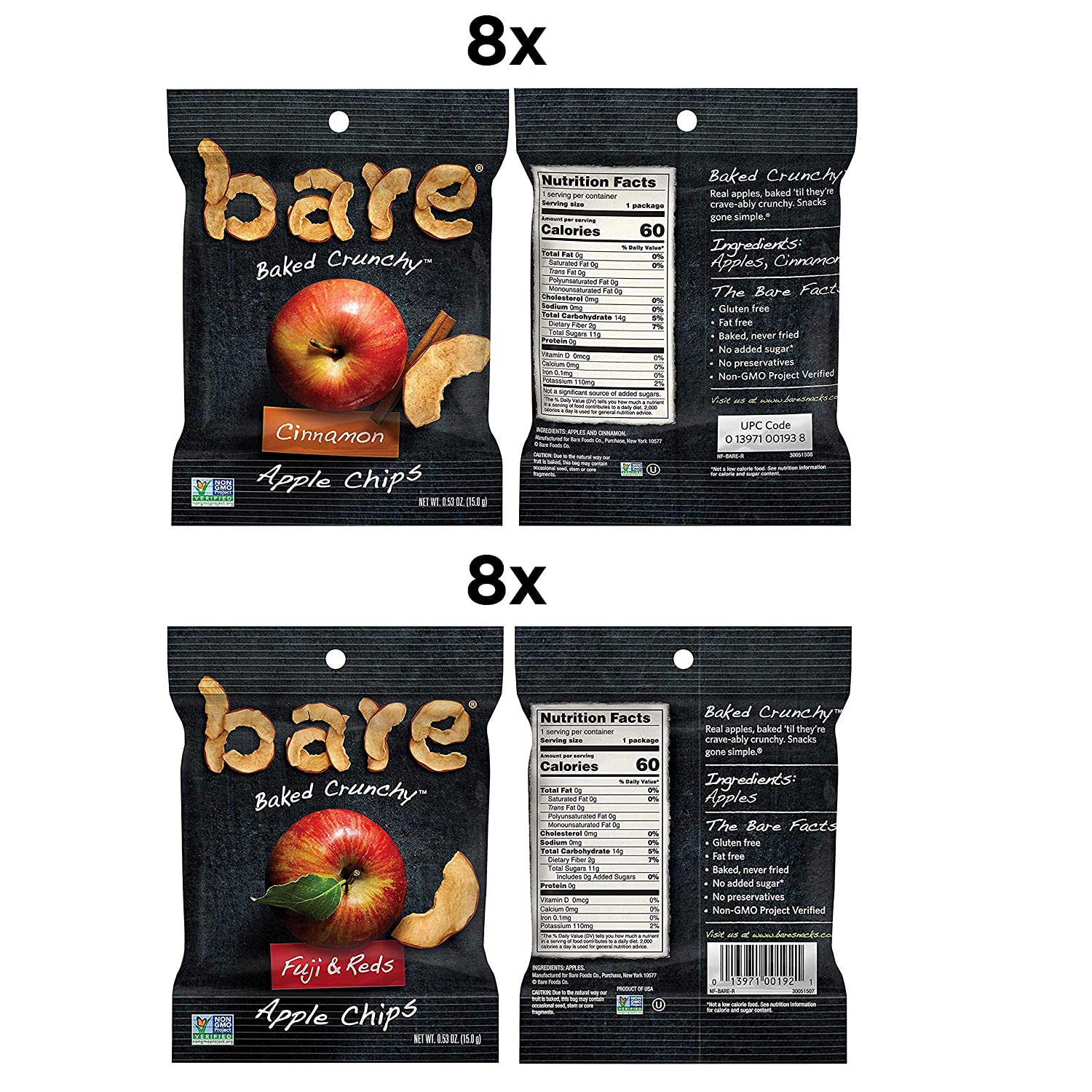 Bare Baked Crunchy Apples Fruit Snack Pack. Gluten Free. Fuji & Reds and Cinnamon Flavors. 0.53oz (16 Count)