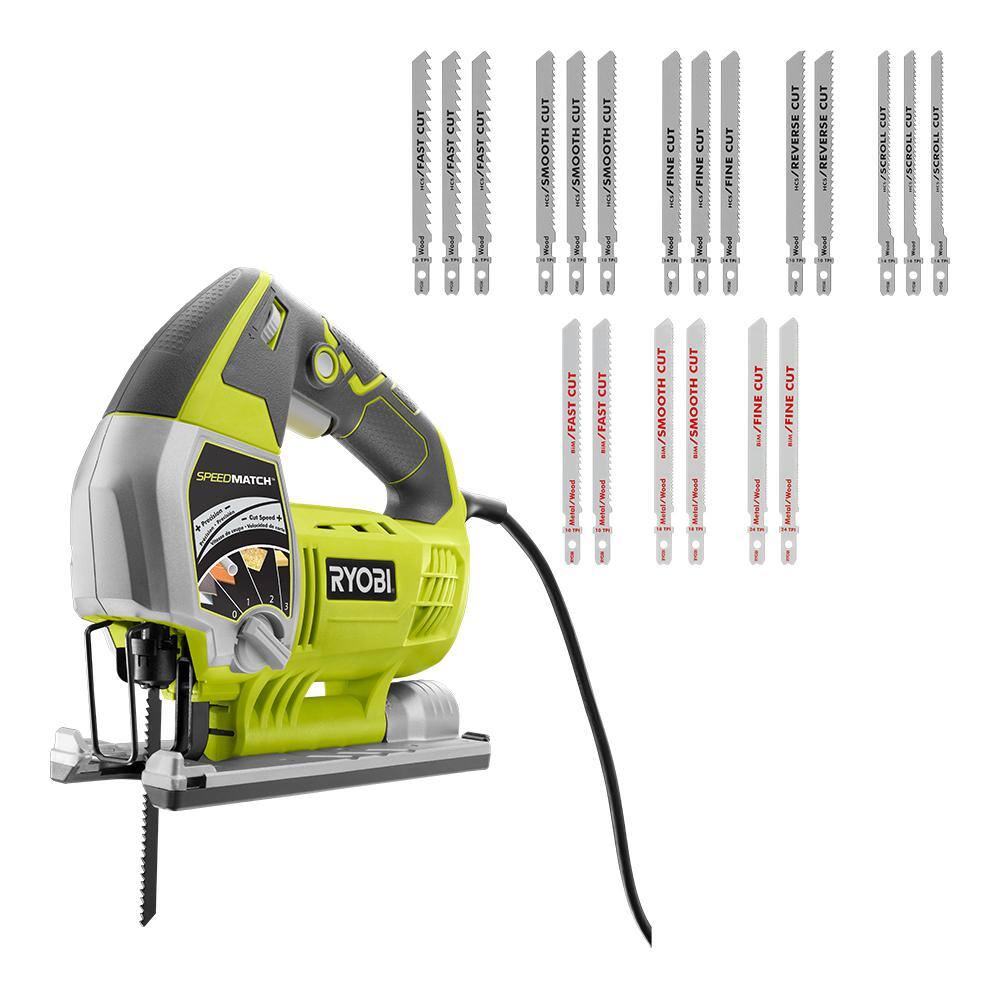 RYOBI JS651L1-A14AK201 6.1 Amp Corded Variable Speed Orbital Jig Saw with SPEEDMATCH Technology with All Purpose Jig Saw Blade Set (20-Piece)
