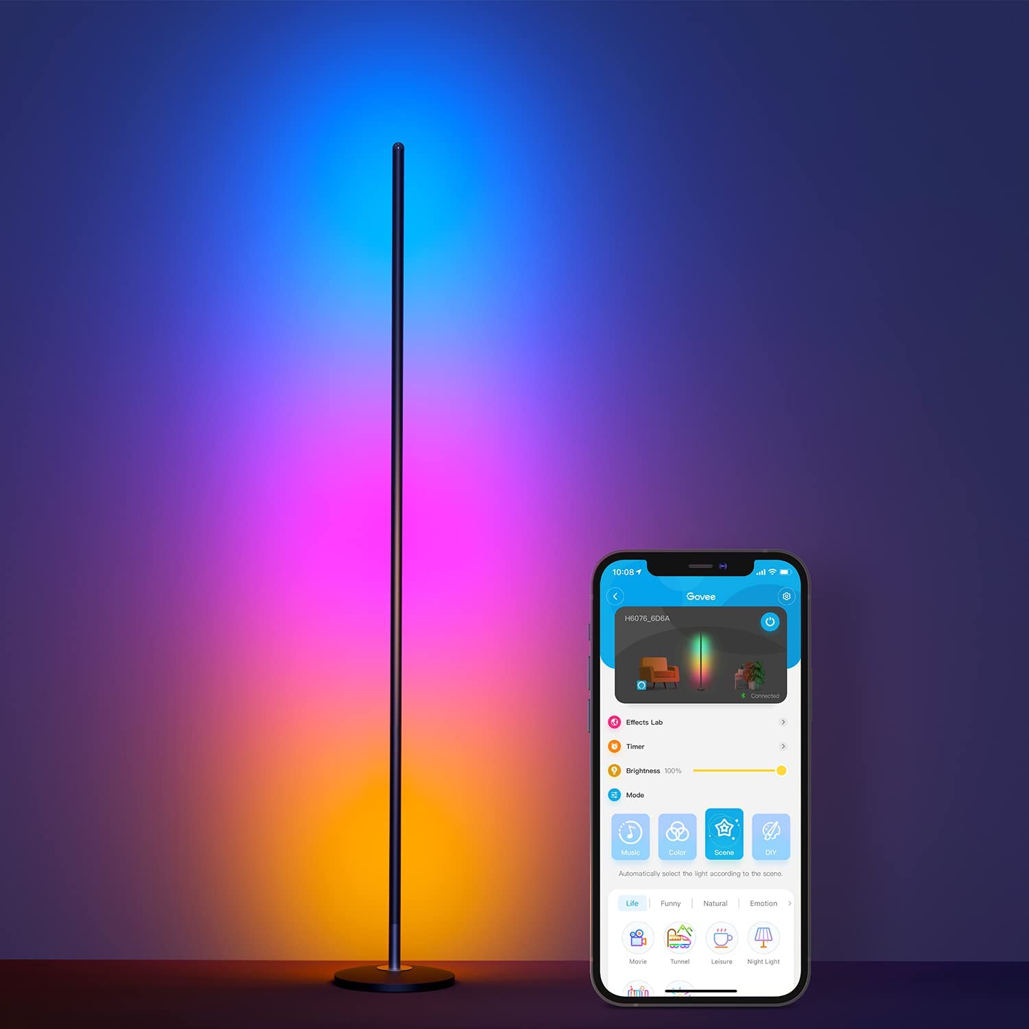 Govee RGBIC Floor Lamp. LED Corner Lamp Works with Alexa. Smart Modern Floor Lamp with Music Sync and 16 Million DIY Colors. Ambiance Color Changing Standing Lamp for Bedroom Living Room Gaming Room (H6076111)