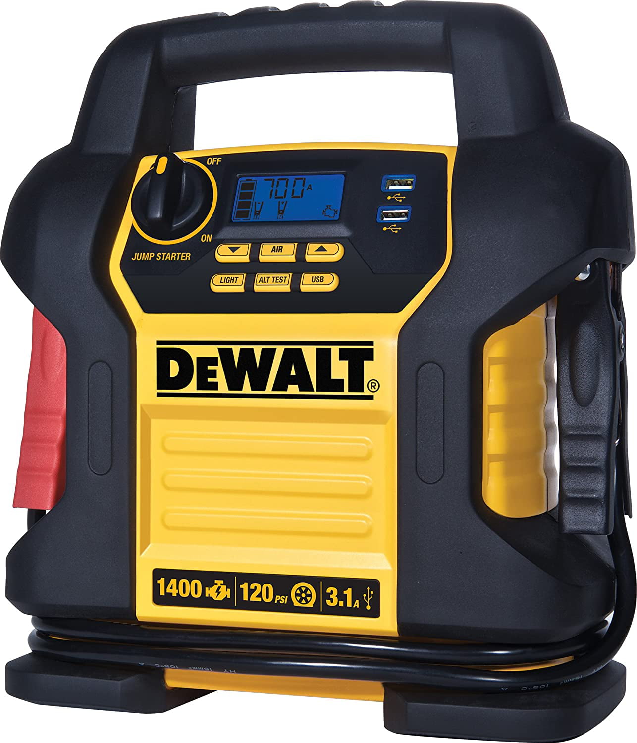 DEWALT DXAEJ14 Digital Portable Power Station Jump Starter. 1400 Peak/700 Instant Amps. 120 PSI Air Compressor. 3.1A USB Ports. Battery Clamps