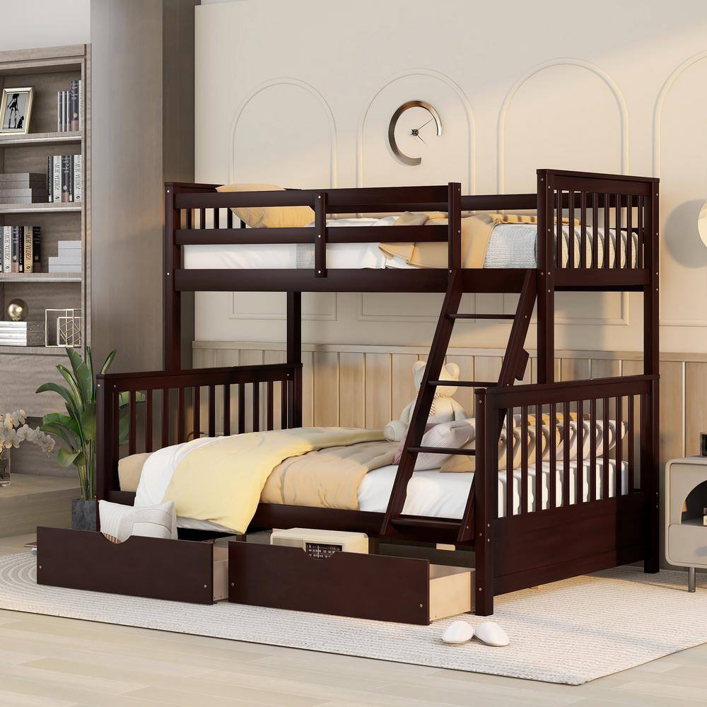 Harper & Bright Designs  Espresso Twin Over Full Wood Bunk Bed with 2 Storage Drawers
